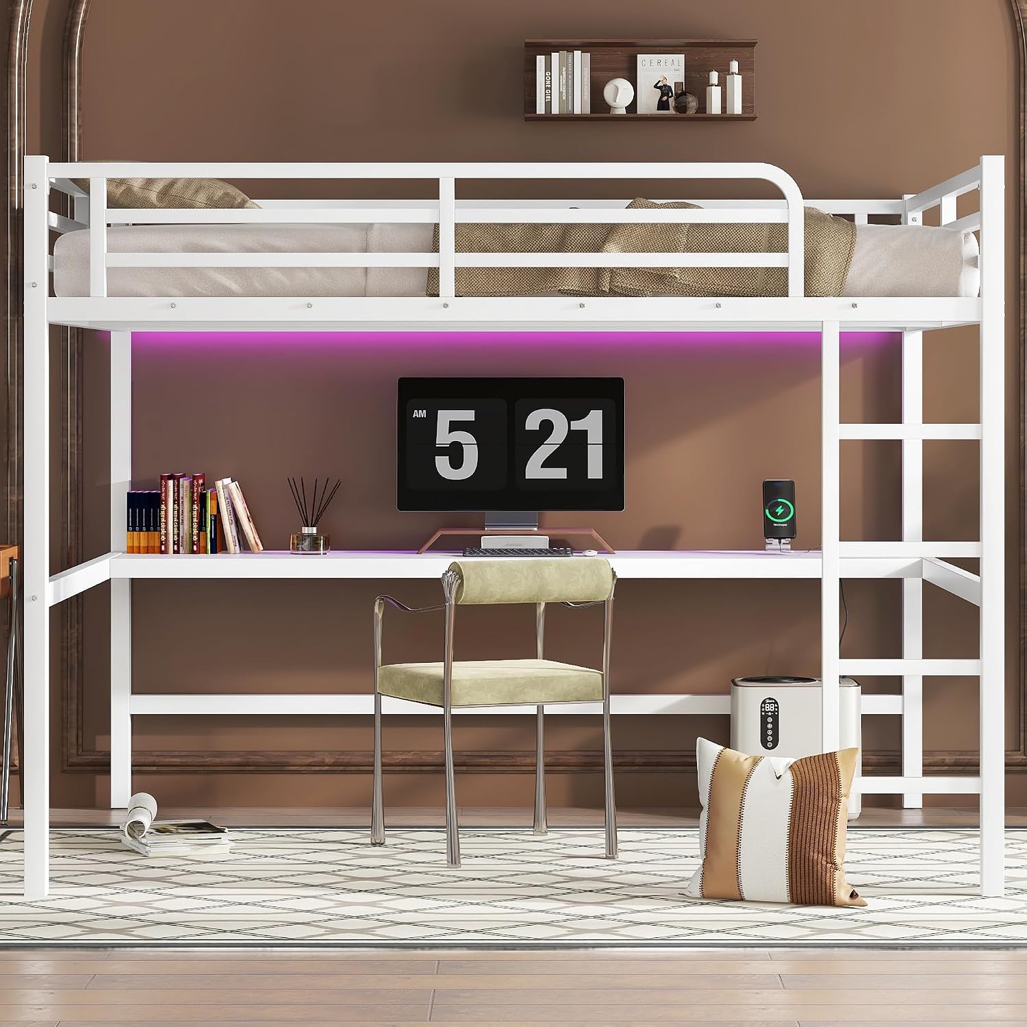Bellemave Metal Queen Size Loft Bed with Desk and Charging Station,Heavy Duty Loft Bed Frame with LED Lights and USB for Kids,Teens,Adults,Queen Size,White