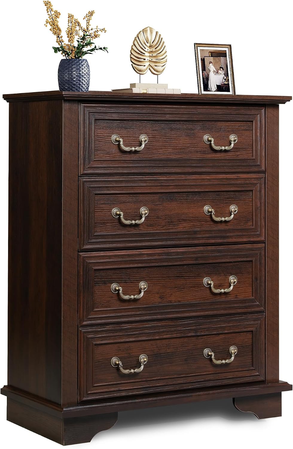 WLIVE Farmhouse 4 Drawer Dresser for Bedroom, 39' Tall Vintage Wood Chest of Drawers, Rustic Small Dressers with Square Wooden Legs, Mid-Century Storage Organizer for Living Room, Walnut