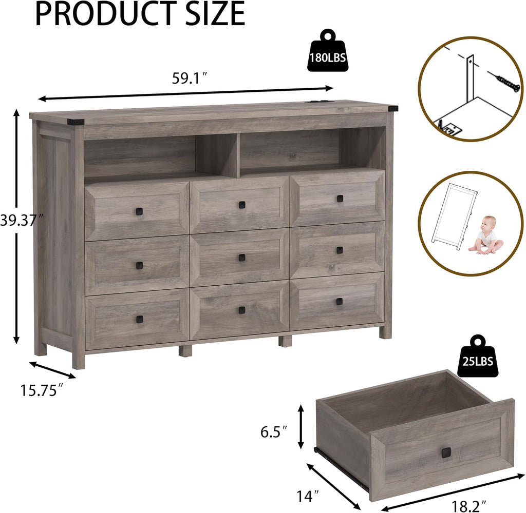 Dresser for Bedroom with 9 Drawers, Wide Chest of Drawers with LED Light and Power Outlet, Wooden Closet Organizer Clothes Storage Cabinet, Modern Double Dressers for Living Room, Hallway, Grey