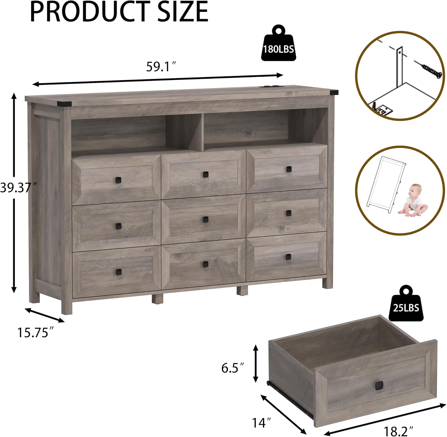 Dresser for Bedroom with 9 Drawers, Wide Chest of Drawers with LED Light and Power Outlet, Wooden Closet Organizer Clothes Storage Cabinet, Modern Double Dressers for Living Room, Hallway, Grey