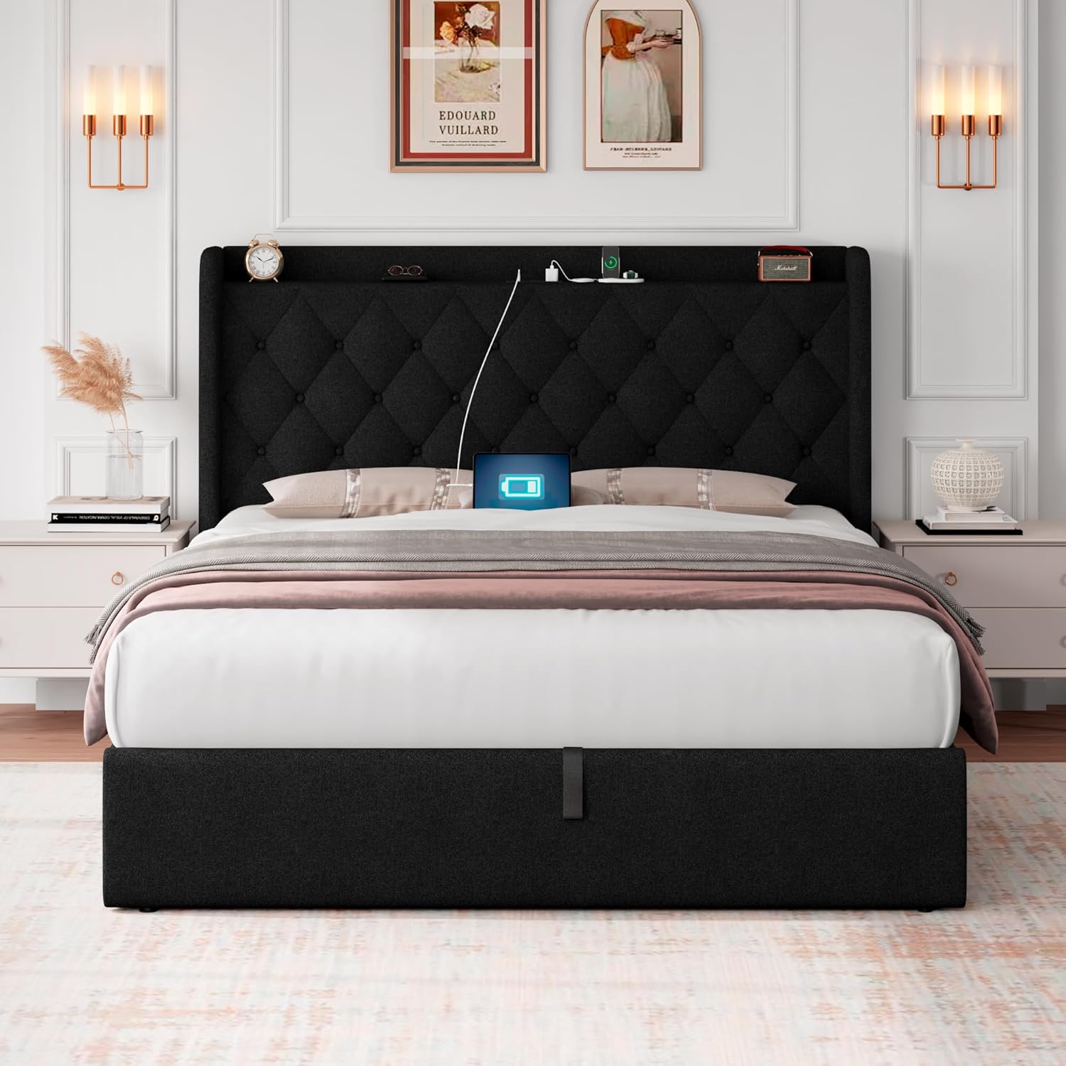 iPormis Full Size Lift Up Storage Bed Frame with Charging Station, Upholstered Platform Bed Frame with Linen Headboard, Hydraulic Storage, No Box Spring Needed, Noise-Free, Easy Assembly, Black