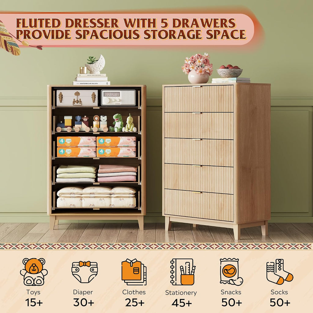 WLIVE Fluted Dresser for Bedroom with 5 Drawers, 46.26' Tall Wooden Dresser with Golden Metal Handles, Mid Century Modern Chest of Drawers for Living Room, Hallway, Closet, Natural Oak