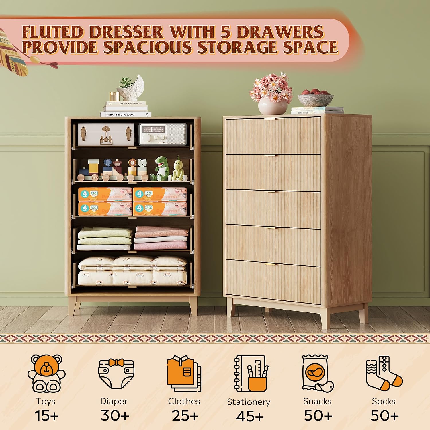 WLIVE Fluted Dresser for Bedroom with 5 Drawers, 46.26' Tall Wooden Dresser with Golden Metal Handles, Mid Century Modern Chest of Drawers for Living Room, Hallway, Closet, Natural Oak