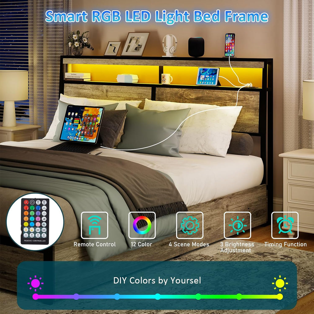 SADENICEL King Size Bed Frame with Storage Headboard, Metal Platform King Bed Frame Wood with 4 Drawers, LED Light, Charging Station, No Box Spring Needed, Noise Free, Easy Assembly, Grey