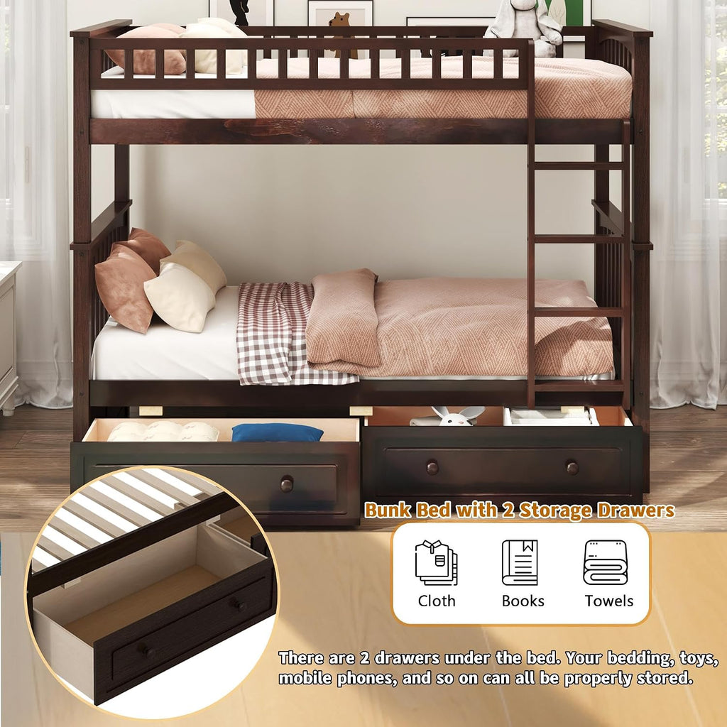 Harper & Bright Convertible Wood Twin-Over-Twin Bunk Bed with Storage Drawers and Ladder - Can Be Divided Into Two Daybeds,Espresso