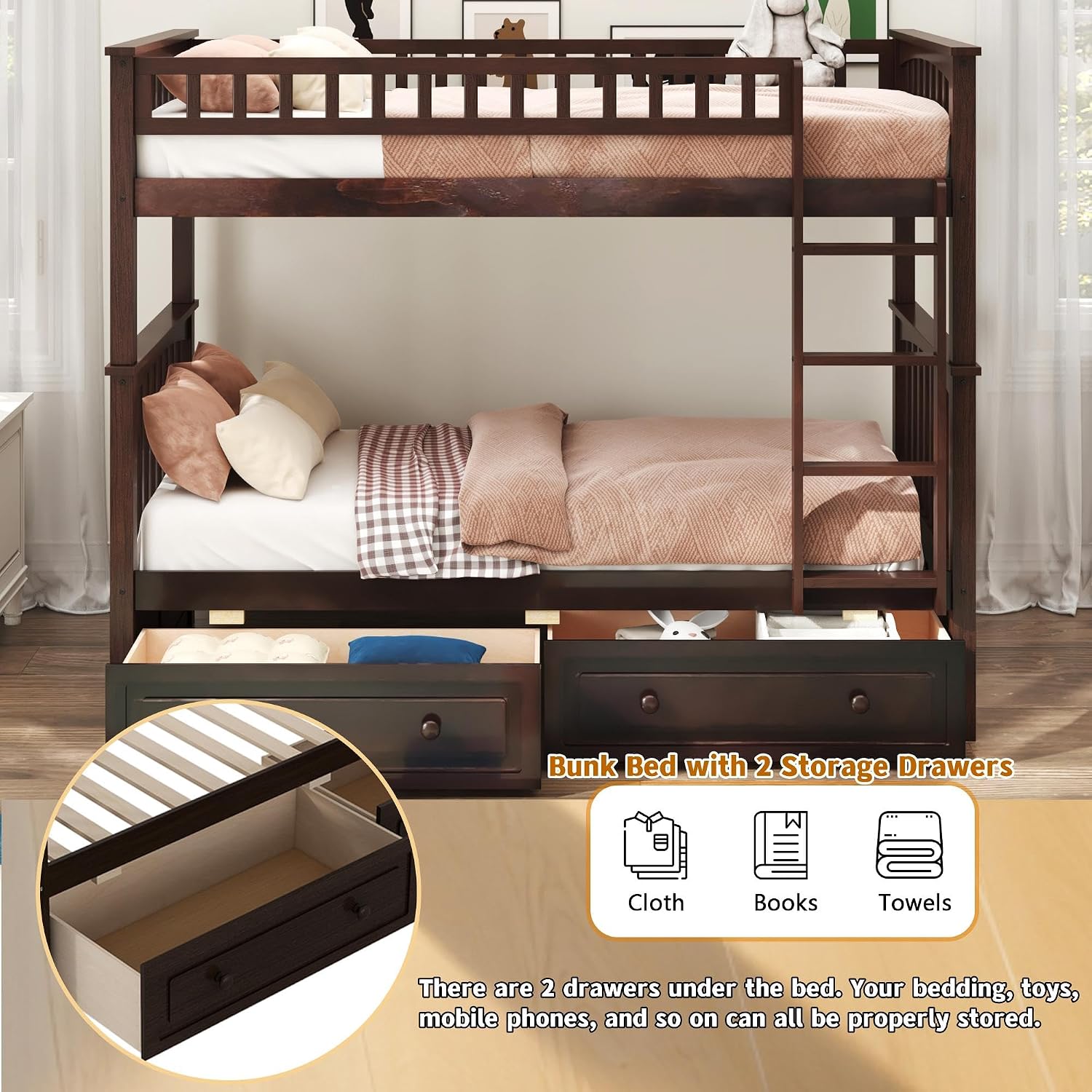 Harper & Bright Convertible Wood Twin-Over-Twin Bunk Bed with Storage Drawers and Ladder - Can Be Divided Into Two Daybeds,Espresso