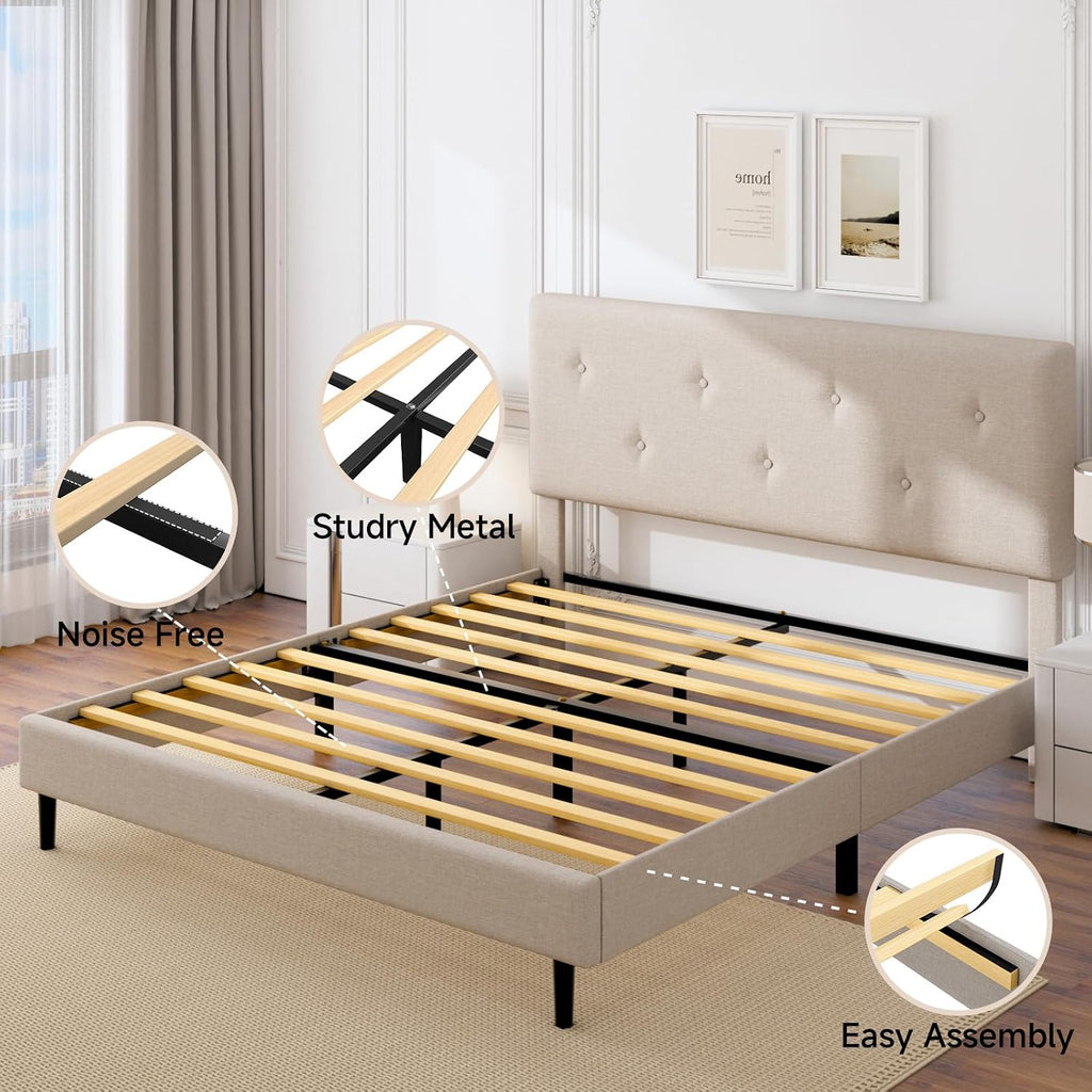 Full Size Linen Bed Frame, Upholstered Platform Bed Frame with Adjustable Headboard, Wooden Slats Support, No Box Spring Needed, Easy Assembly, Beige