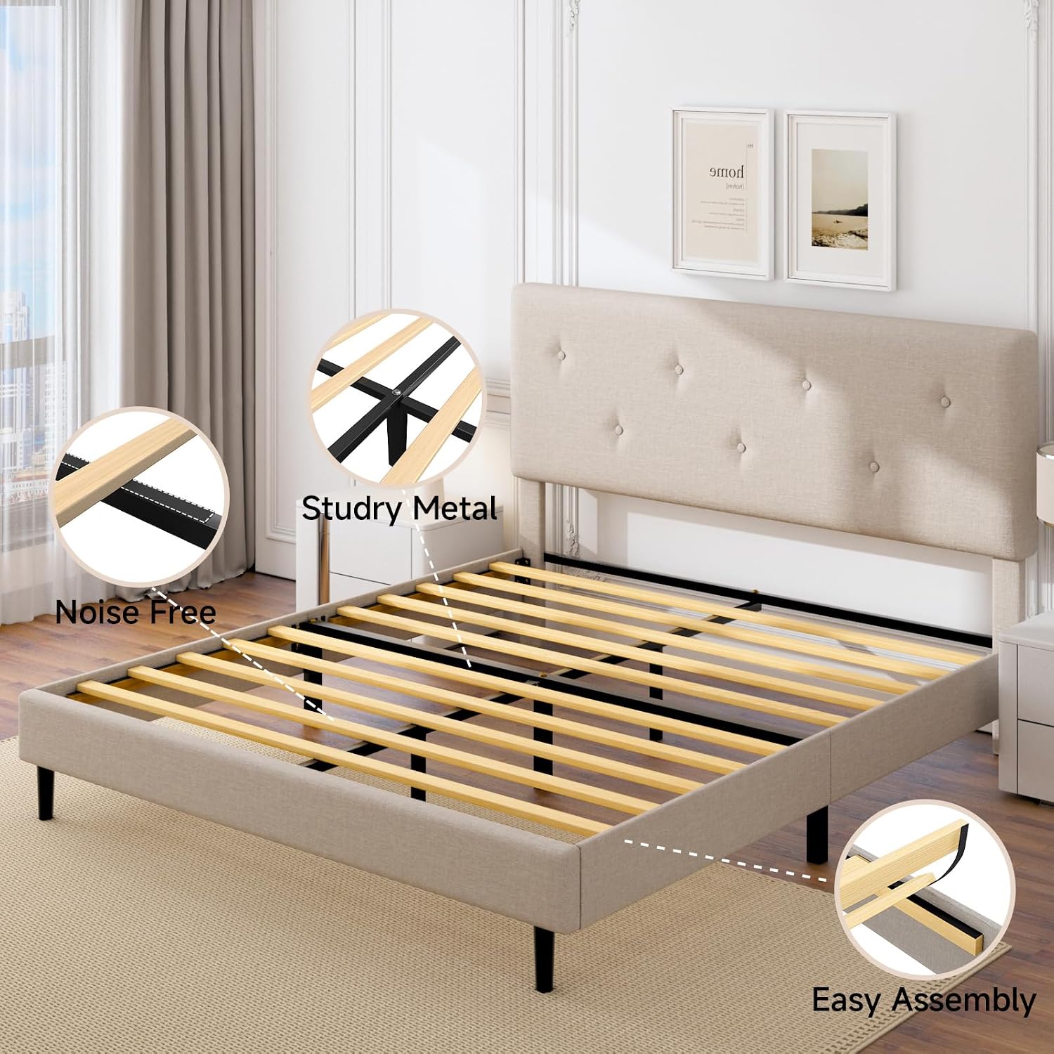 Queen Size Linen Bed Frame, Upholstered Platform Bed Frame with Adjustable Headboard, Wooden Slats Support, No Box Spring Needed, Easy Assembly, Beige