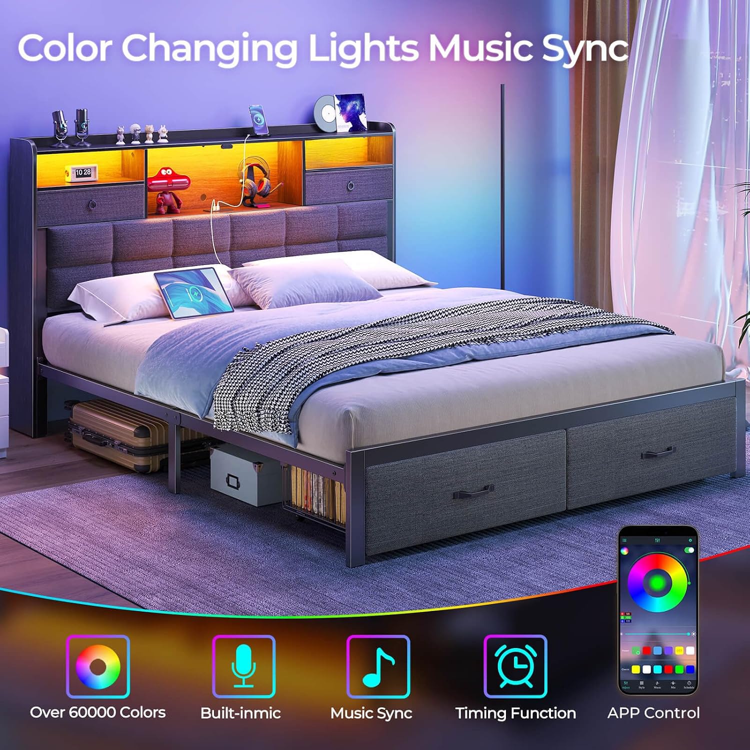 Rolanstar Bed Frame Queen Size with Drawers and Charging Station, Upholstered Platform Bed with Storage Headboard and LED Light, Heavy Duty Metal Frame Support, No Box Spring Needed, Noise Free, Grey