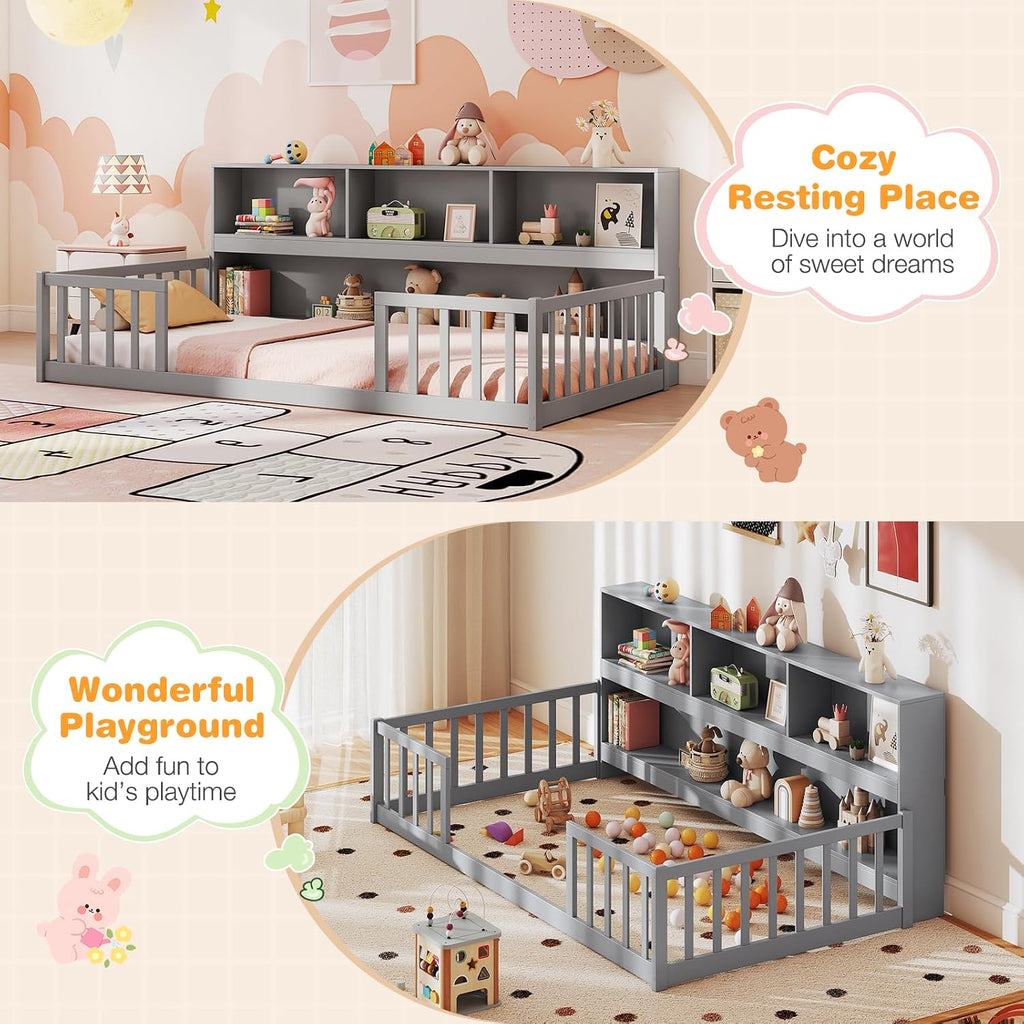 Giantex Twin Floor Bed for Kids, Wooden Montessori Bed Frame with Bookcase, Storage Shelves & Safety Fence Rails, Floor Beds Twin for Girls, Boys, No Box Spring Needed, Without Slats, Grey