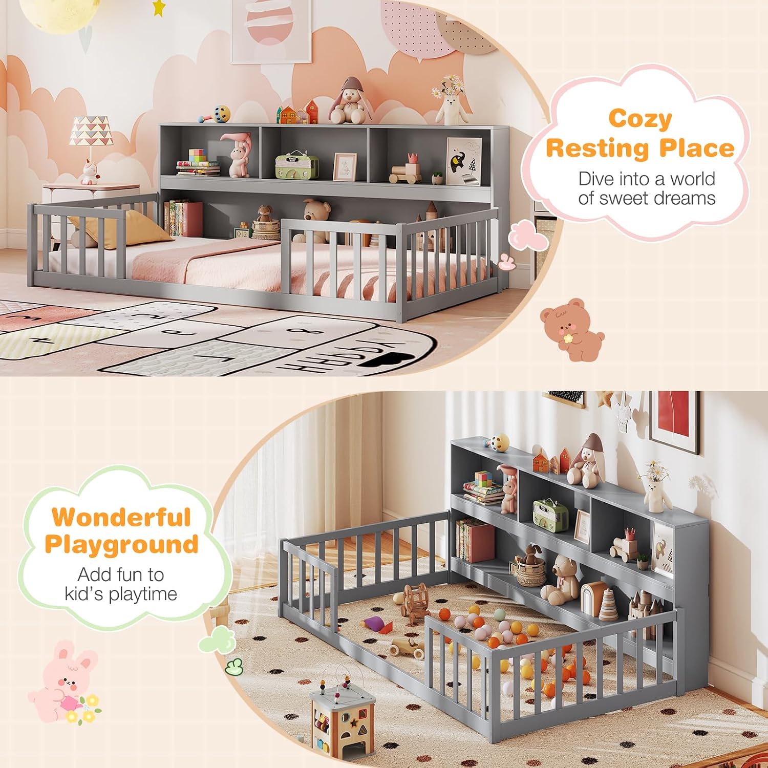 Giantex Twin Floor Bed for Kids, Wooden Montessori Bed Frame with Bookcase, Storage Shelves & Safety Fence Rails, Floor Beds Twin for Girls, Boys, No Box Spring Needed, Without Slats, Grey