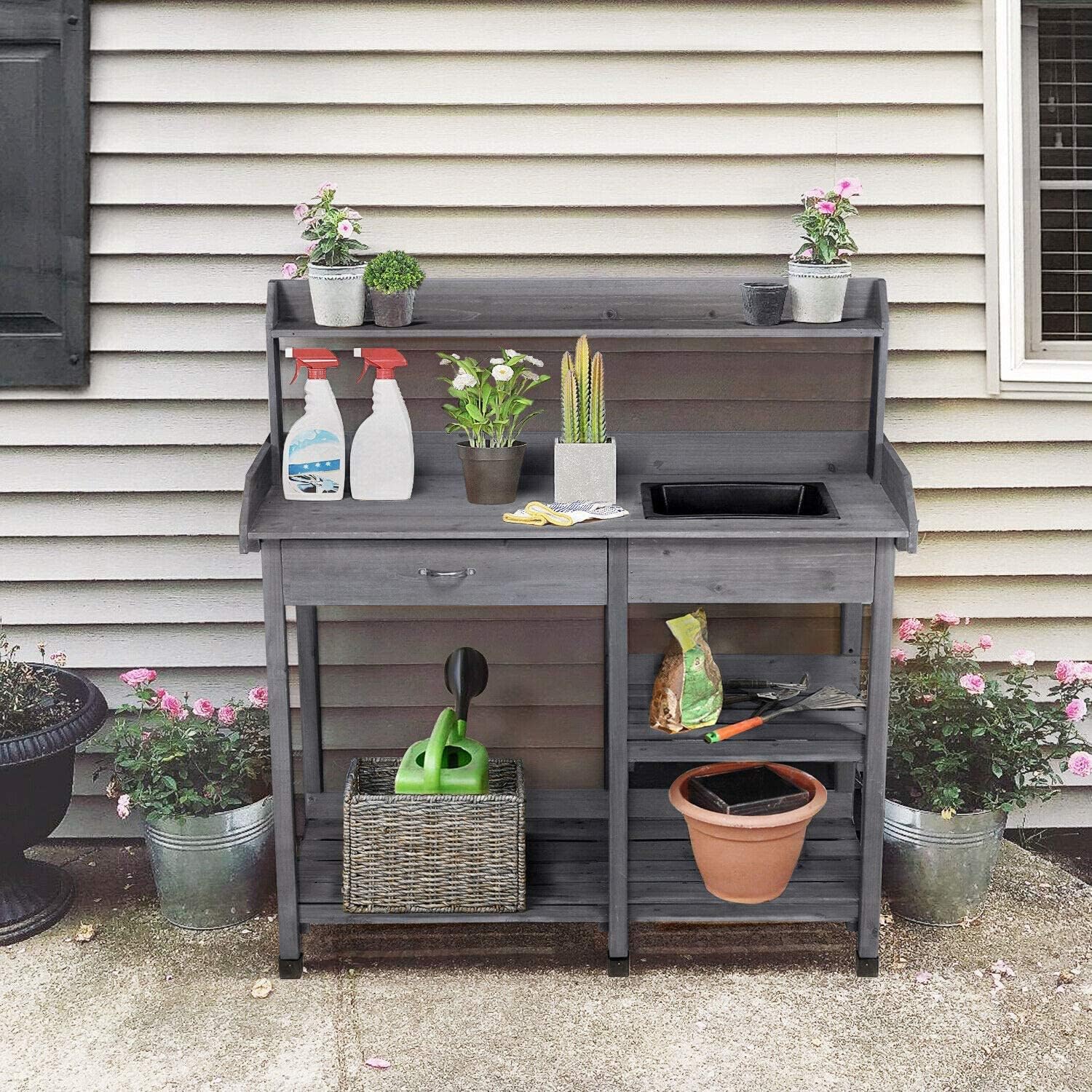 Potting Bench Table Patio Outdoor Garden Work Station Planting Shelf Sink Drawer Solid Wood Construction, Deck, Balcony anXella (Color : A)