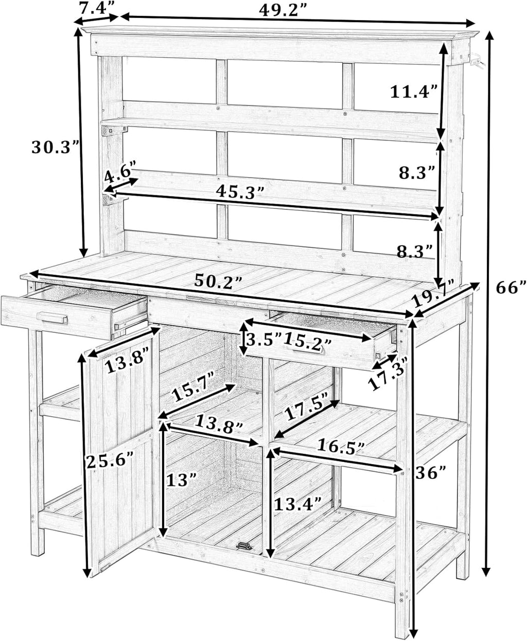 Bellemave Outdoor Potting Bench Table,66'' Large Garden Workstation,Wooden Gardening Plant Workstation with 2 Drawers, Cabinet and Open Shelves for Backyard, Mudroom（White）
