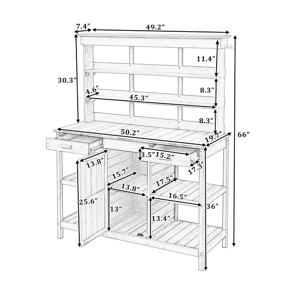 66-Inch Outdoor Potting Bench with 2 Drawers, Cabinets, and Open Shelves, Anti-Falling Safety Device, Wooden Garden Potting Table for Backyard, Patio Brown As Shown One Size