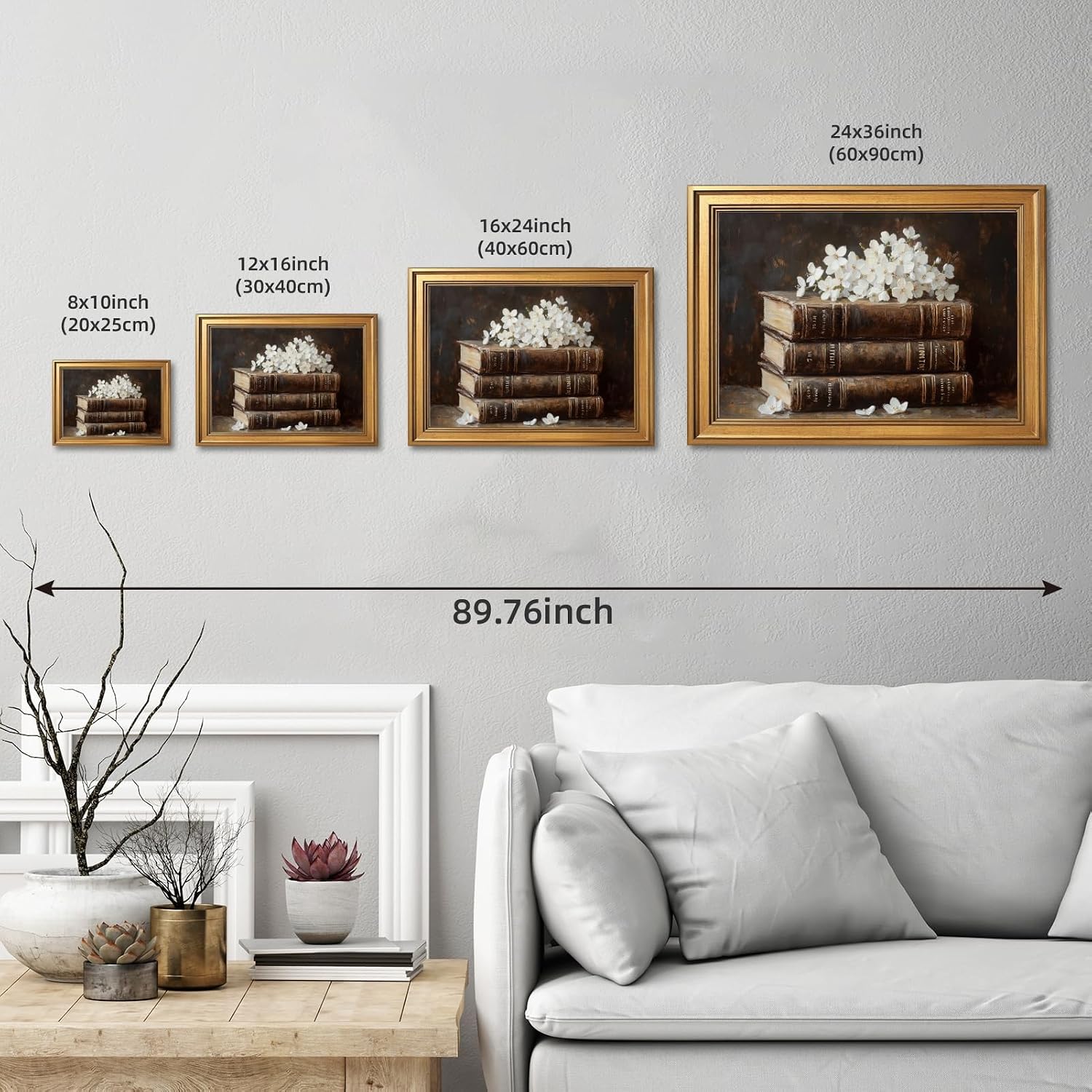 Large Framed Vintage Book and Dried Flowers Oil Painting Poster Retro Stacked Books Canvas Wall Art Classic Booklish Literary Floral Artwork Print for Rustic Bedroom Reading Nook Decor 24x36inch