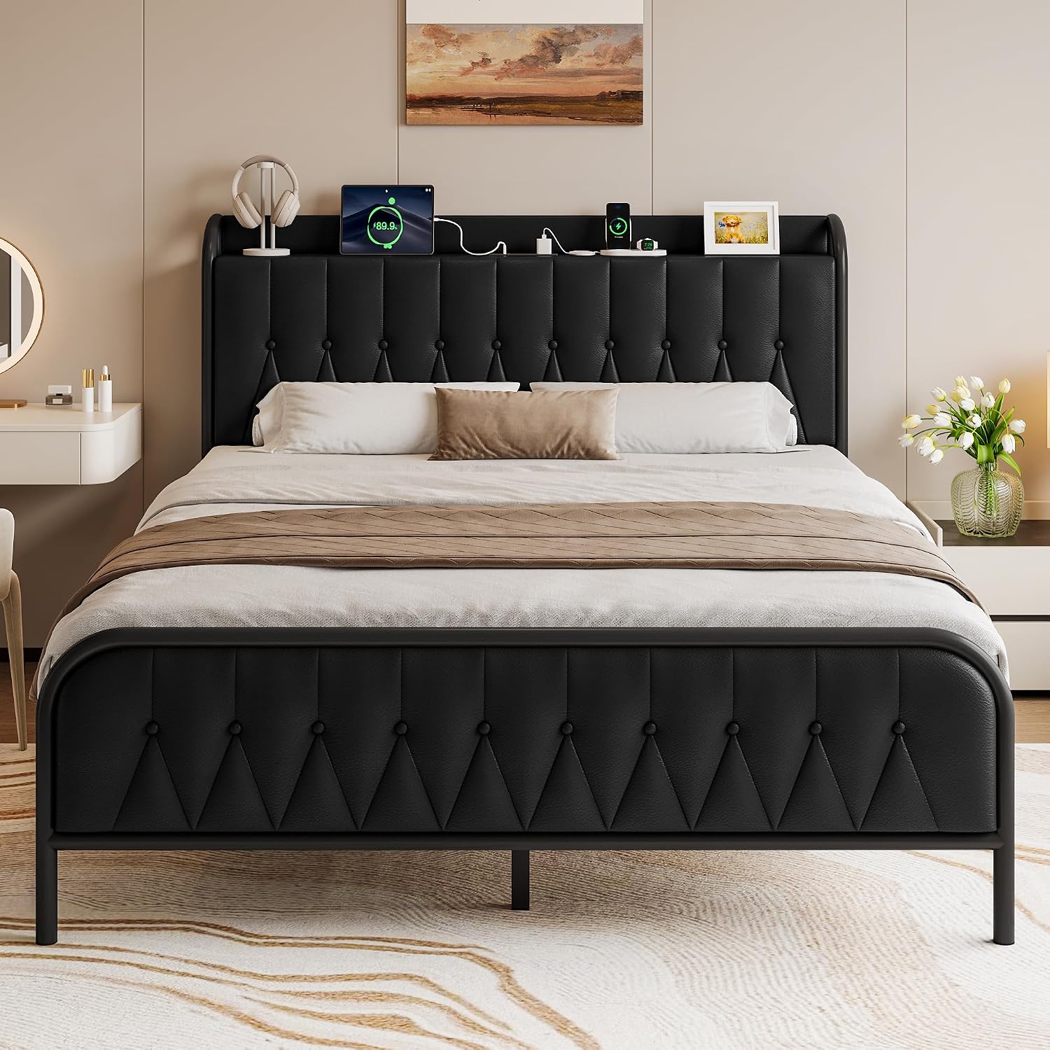 Einhomn Full Size Bed Frame with Charging Station, Platform Bed with Faux Leather Upholstered Storage Headboard & Footboard, 12' Underbed Space, Noise-Free, Easy Assembly, No Box Spring Needed, Black