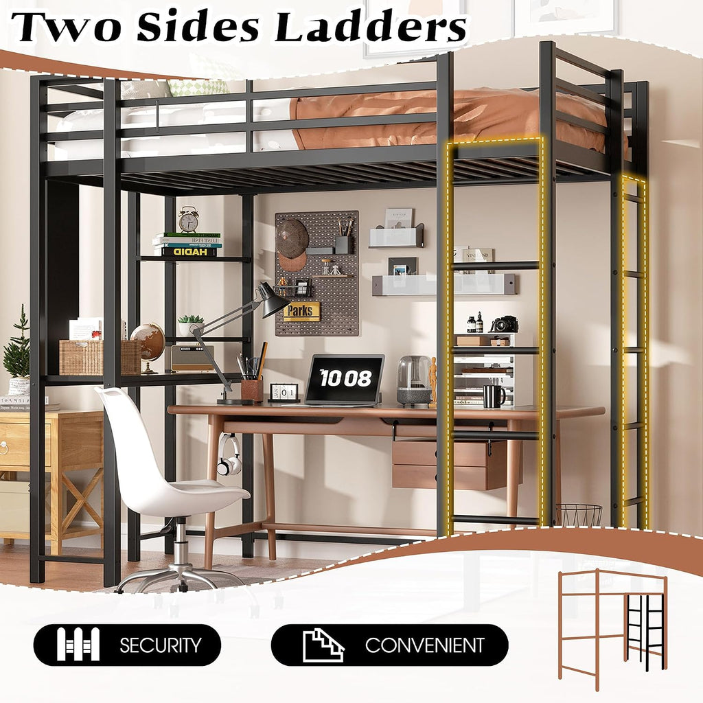 Shintenchi Loft Bed Twin Size with Desk and Storage Shelves, Frame with 2 Side Ladders for Kids, Teens Adults, Spcace-Saving Noise-Free and Anti-tilt Design, Black