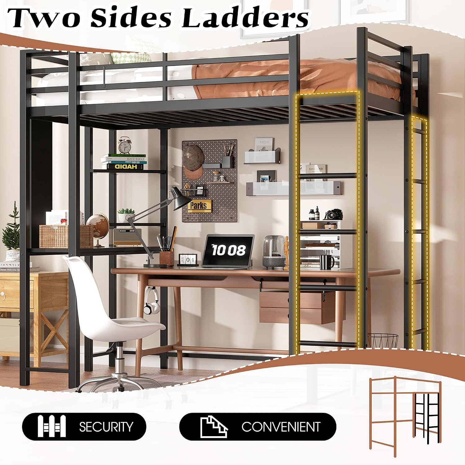 Shintenchi Loft Bed Twin Size with Desk and Storage Shelves, Frame with 2 Side Ladders for Kids, Teens Adults, Spcace-Saving Noise-Free and Anti-tilt Design, Black