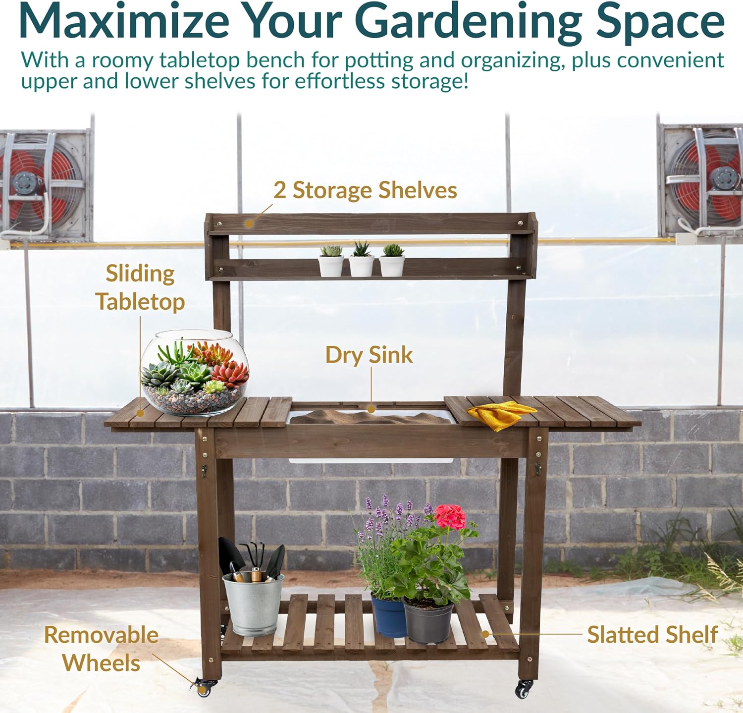 Sunnydaze Wheeled Garden Potting Bench with Sink - Outdoor Potting Table - Garden Table with Planting Station and Hooks - Brown