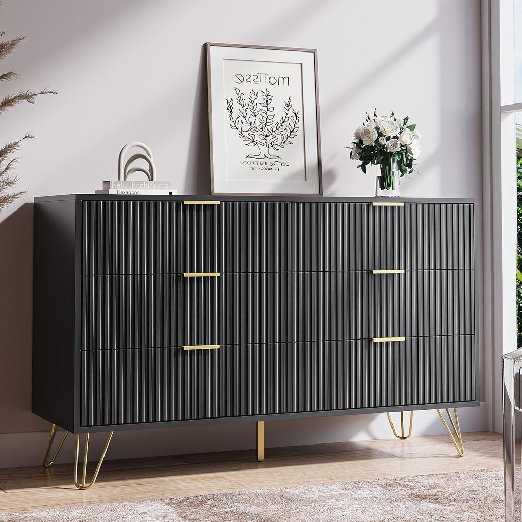 MAISONARIA Black Dresser for Bedroom, Modern Dresser with Gold Metal Handles & Chests of Drawers, Wood Chest of Drawers for Bedroom