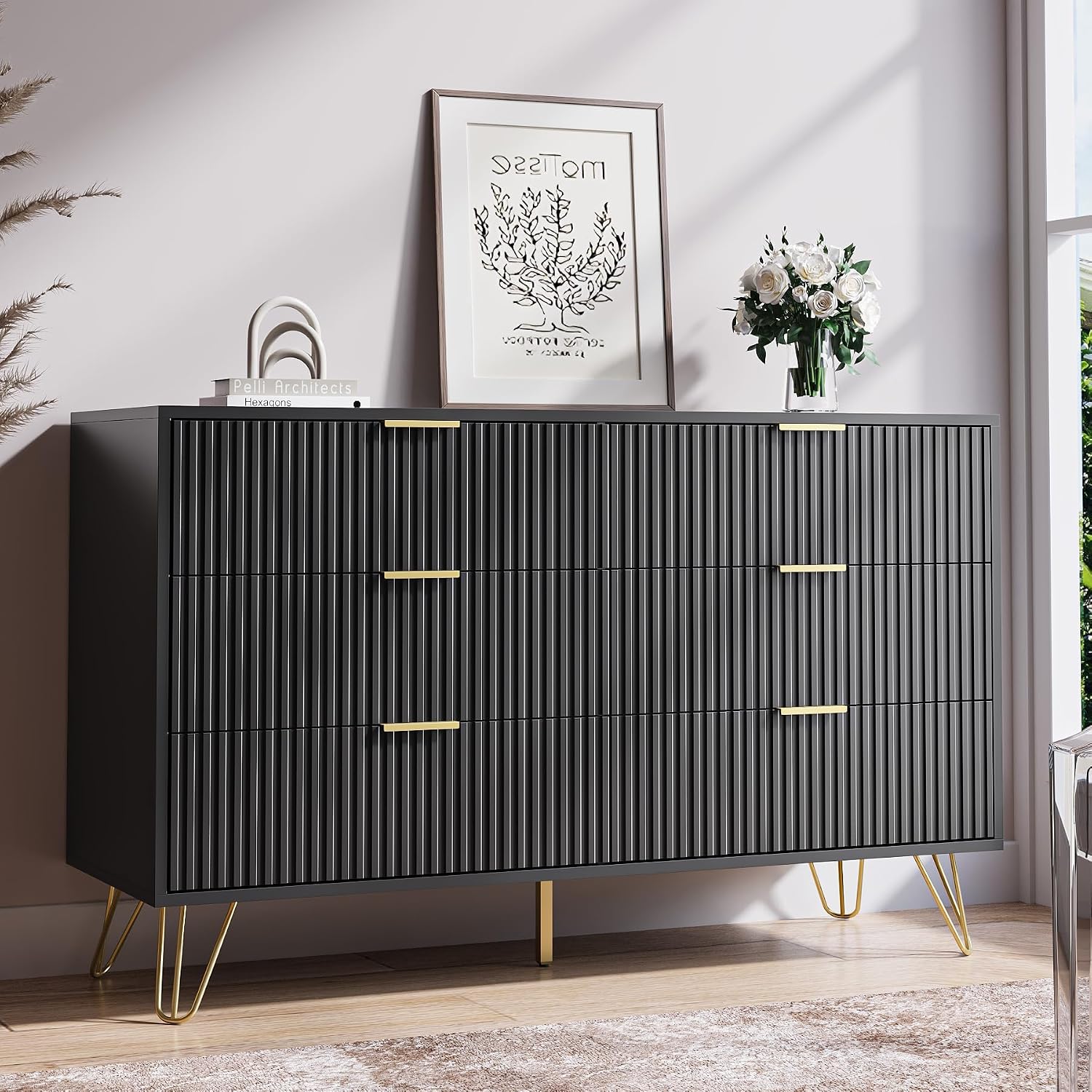 MAISONARIA Black Dresser for Bedroom, Modern Dresser with Gold Metal Handles & Chests of Drawers, Wood Chest of Drawers for Bedroom