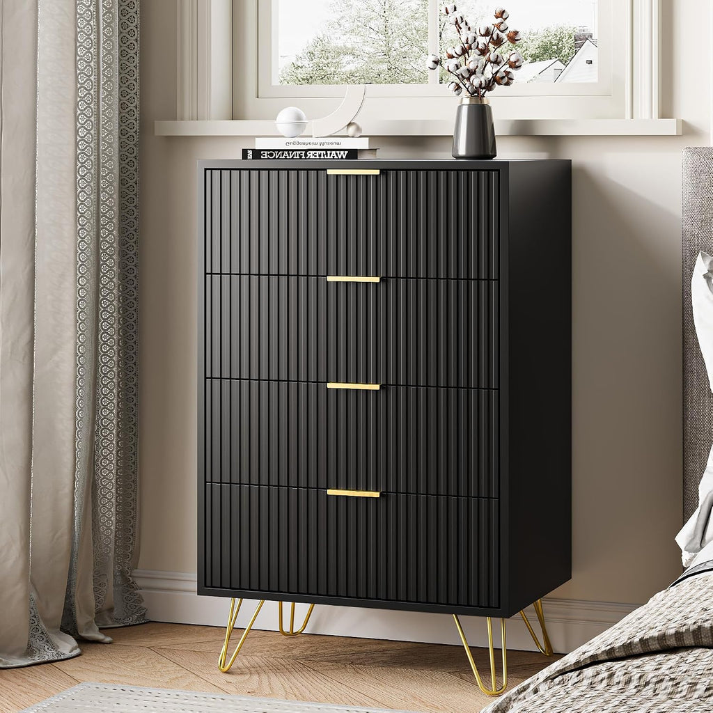 MAISONARIA Black Dresser for Bedroom, 4 Drawer Dresser with Gold Metal Handles & Chests of Drawers, Chests of Drawers for Hallway, Bedroom