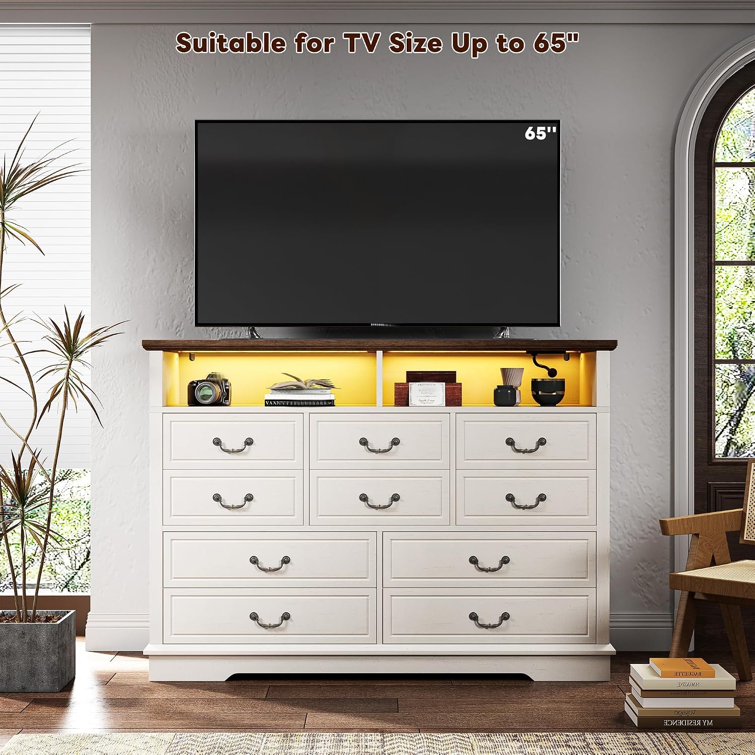 EnHomee 10 Drawers Dresser for Bedroom 55.2''Wide Wood Dresser White with LED & Power Outlet Large Space Saver & Chests of Drawers for Hallway, 55.2' W x 39.4' H x15.8 D