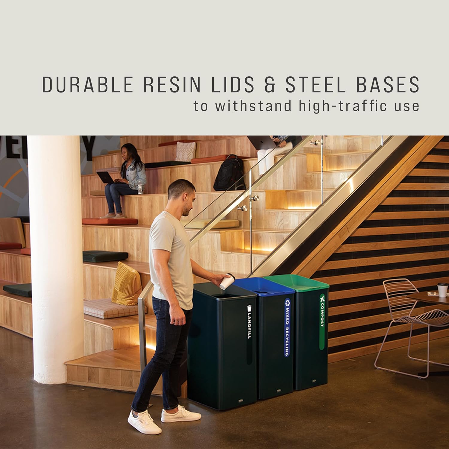 Rubbermaid Commercial Products Sustain Decorative Container, 23 Gallon Trash Can, Black/Green, Indoor for Office Buildings/Food Courts/Fast Casual Restaurants