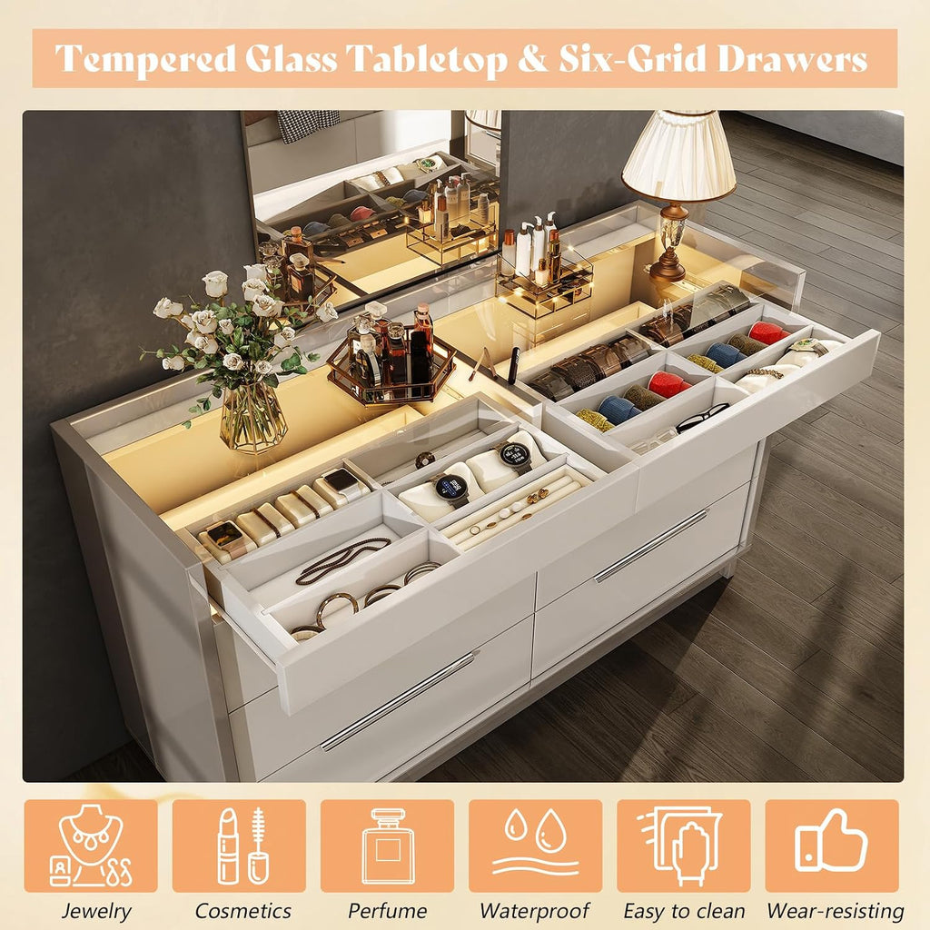 AMERLIFE 47.2' 8 Drawer Dresser with LED Light, Modern High Gloss Chest of Drawers with Glass Tabletop & 2 Six-Grid Jewelry Drawers, for Bedroom, Living Room, Dressing Room, Cream & Grey