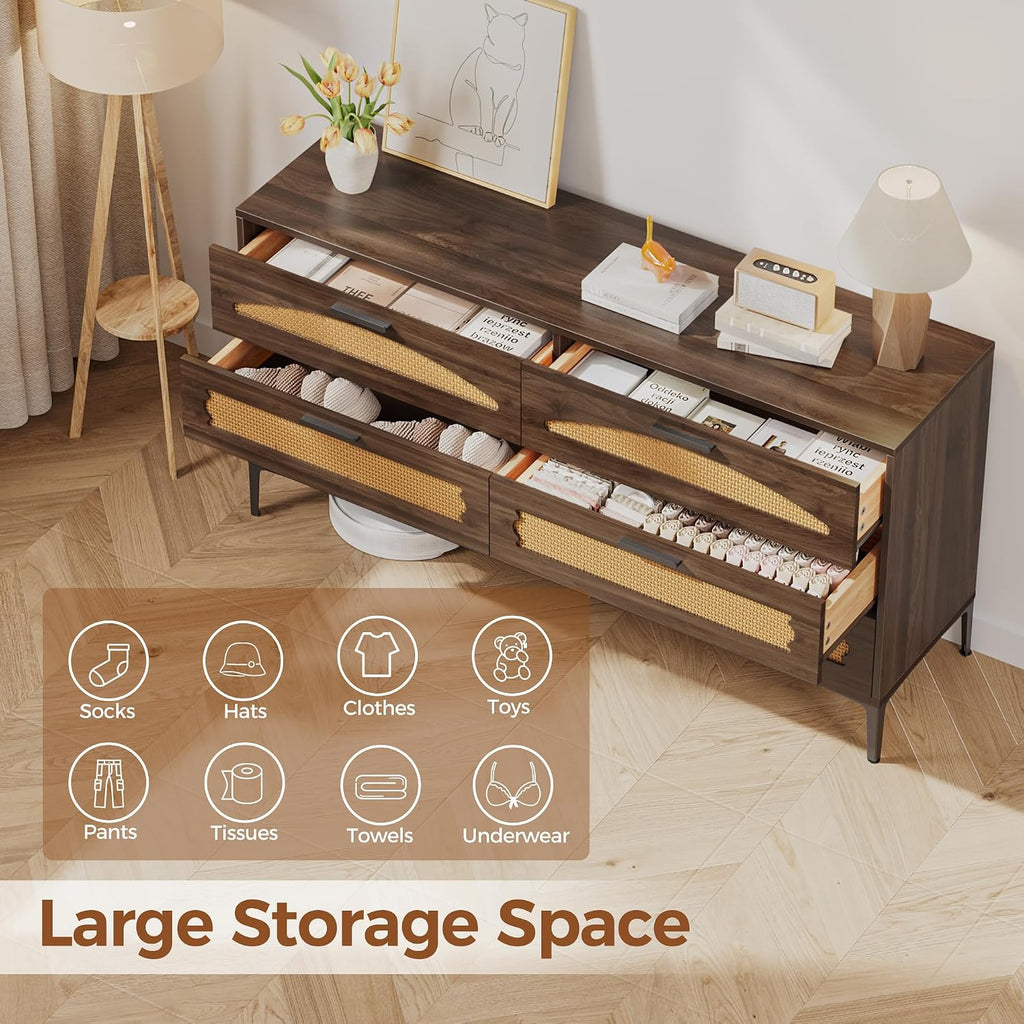 Mericonia 6 Drawer Double Dresser for Bedroom, Wood Rattan Dresser for Closet with Metal Legs, Boho TV Stand with Drawers, Dressers & Chests of Drawers for Bedroom, Hallway and Entryway, Walnut