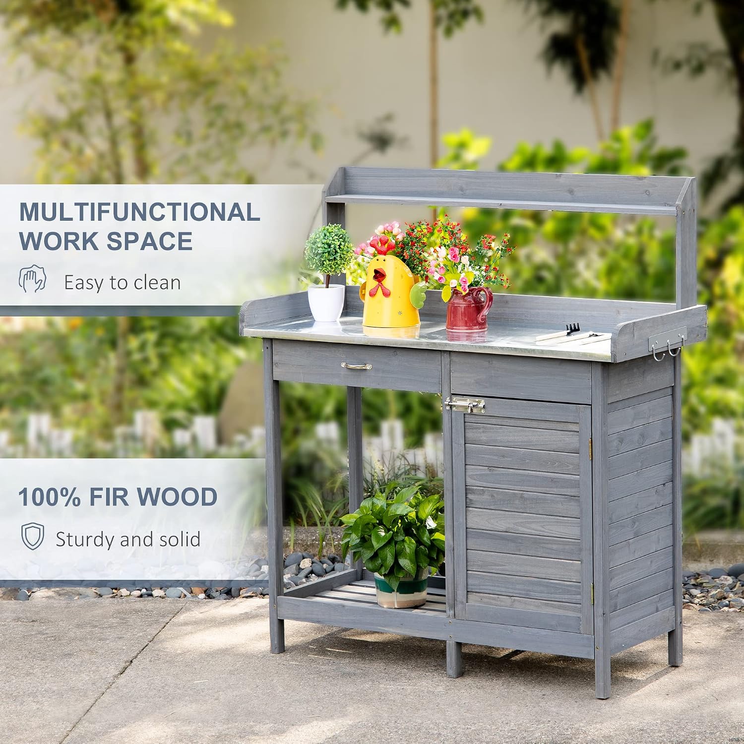 Outdoor Potting Bench Table, Work Station with Storage Cabinet, Open Shelf and Steel Tabletop, Gray