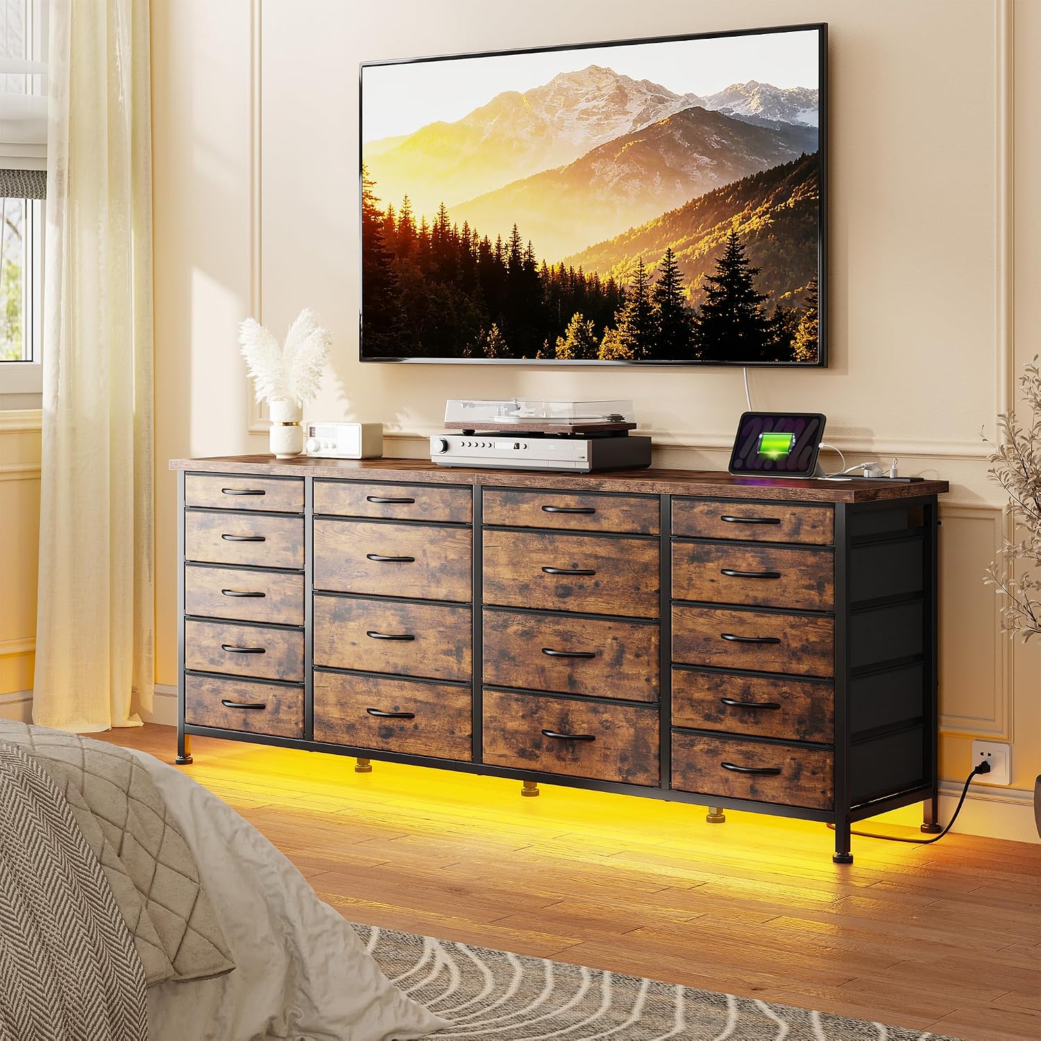 63'W TV Stand for Bedroom with LED Light & Power Outlets, Long Dresser with 18 Deep Drawers for 65 70 75 inch TV, Fabric Dresser TV Stands for Living Room Entryway Hallway Closet, Rustic Brown