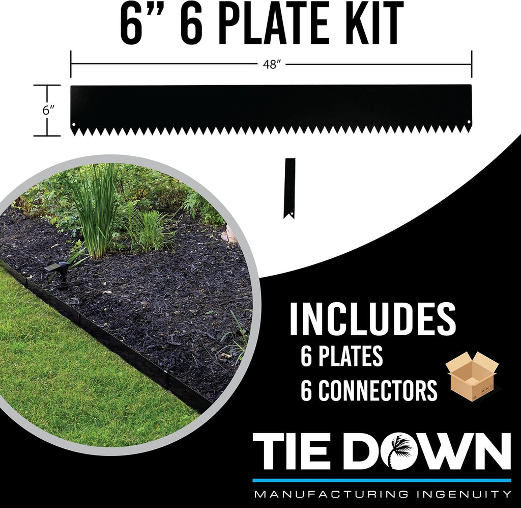 Tie Down 48 inch x 6 inch Metal Landscape Edging Kit, 6 Steel Plates & 6 Steel Connectors - 24 Total Linear feet, for Garden Edging Border, Flowerbeds & Paver Edge, Enhance Landscaping & Flower Beds