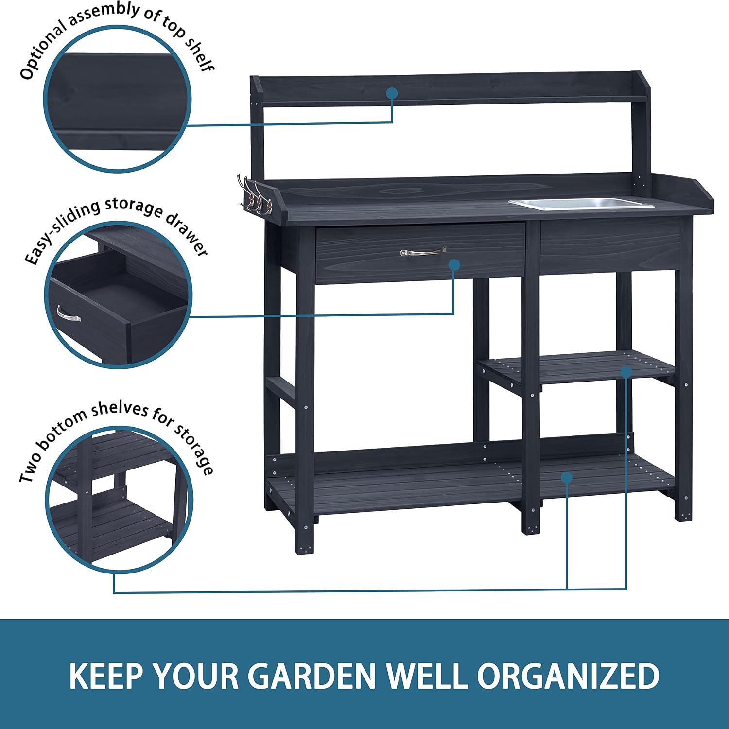 MUPATER Potting Bench Garden Table for Outdoors with Removable Stainless Sink, Planting Work Bench with Storage Shelves and Drawer, Grey