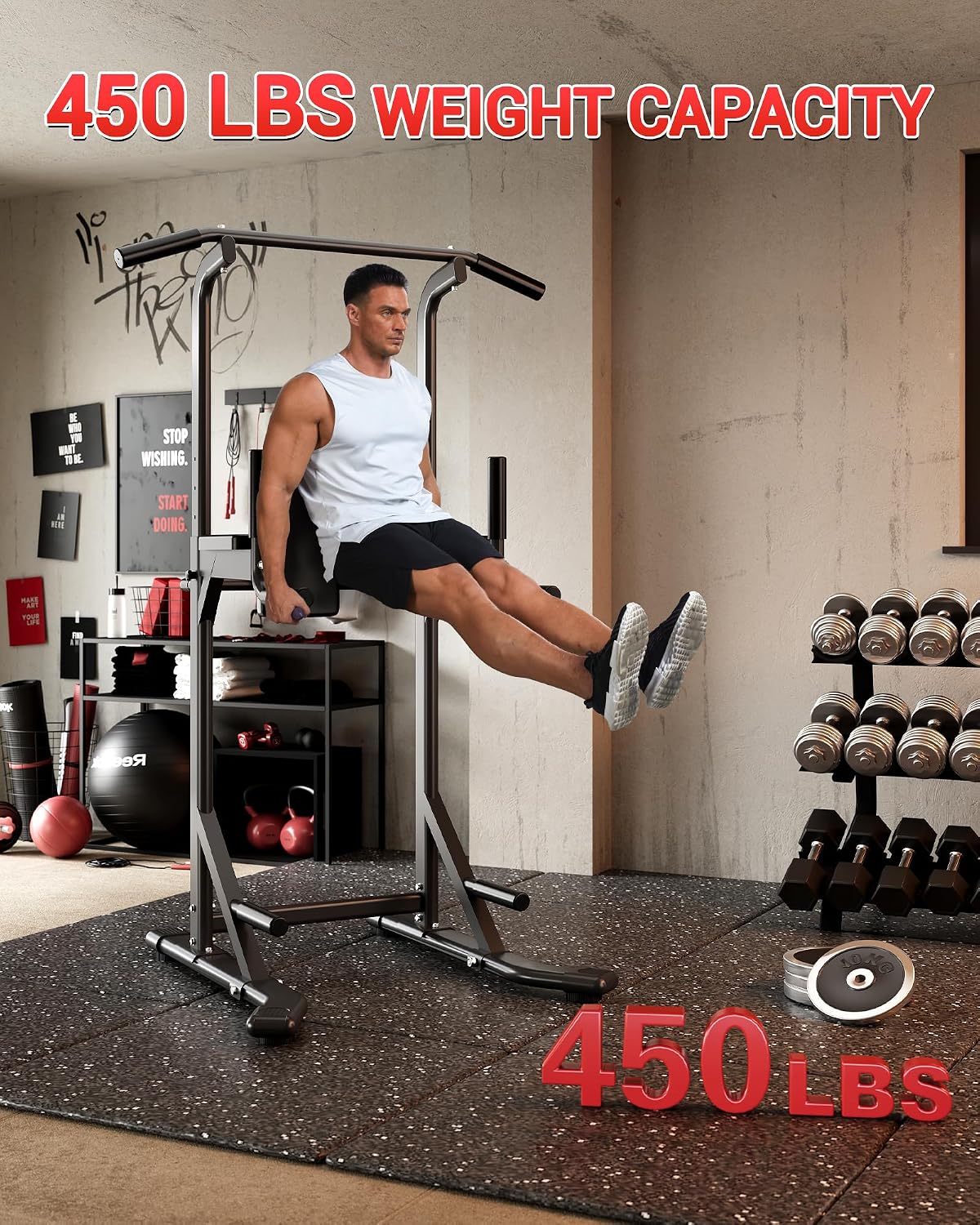 Garvee Pull Up Bar Free Standing Workout Equipment, Power Tower Dip Station for Home Gym, 450LBS Weight Capacity Strength Training Fitness Equipment