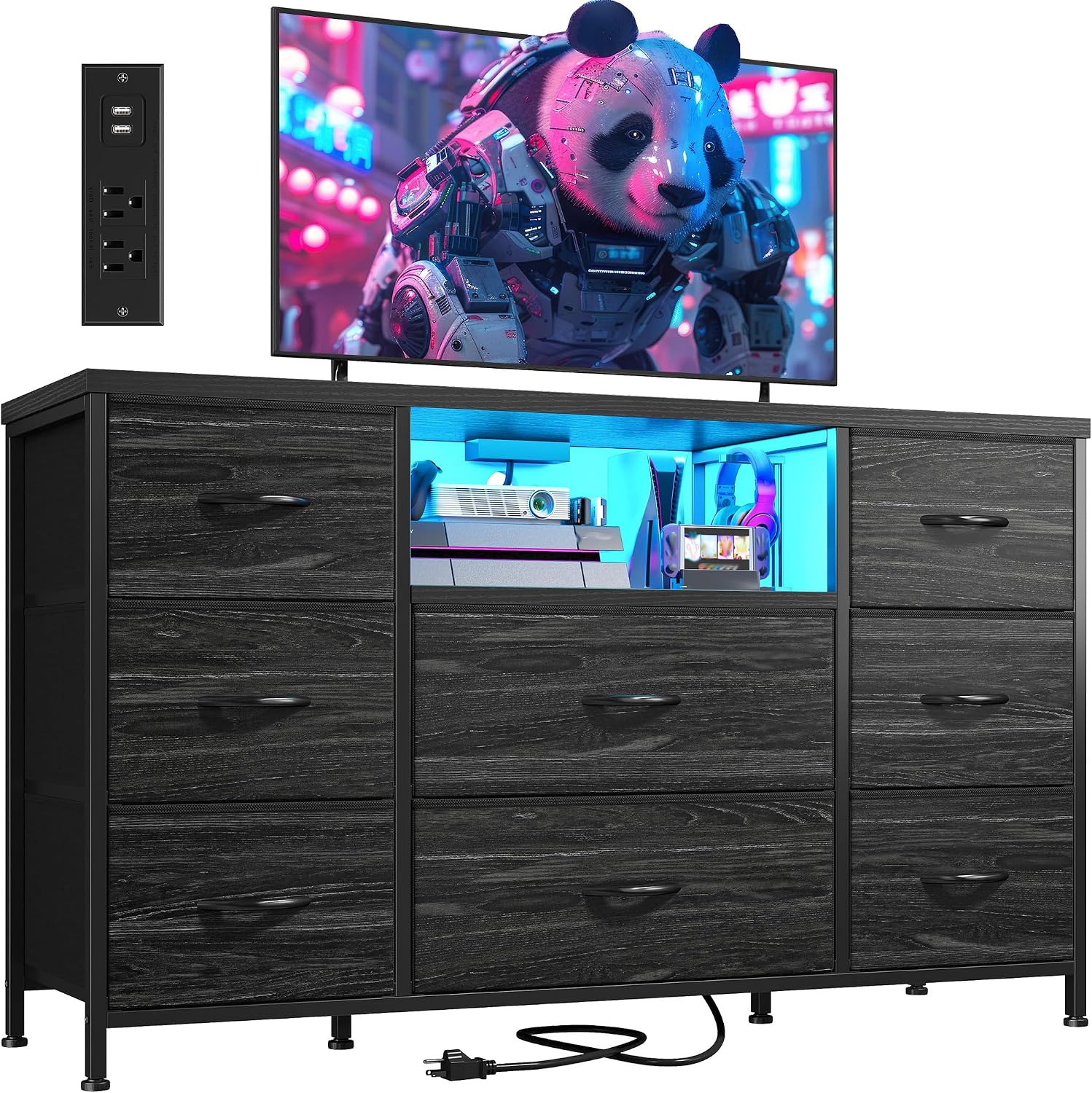 Black Dresser for Bedroom with LED Lights & Charging Station, Dresser TV Stand for Bedroom with 8 Drawer for 55 inch TV, Fabric Dressers & Chests of Drawers with Open Shelves for Hallway Entryway
