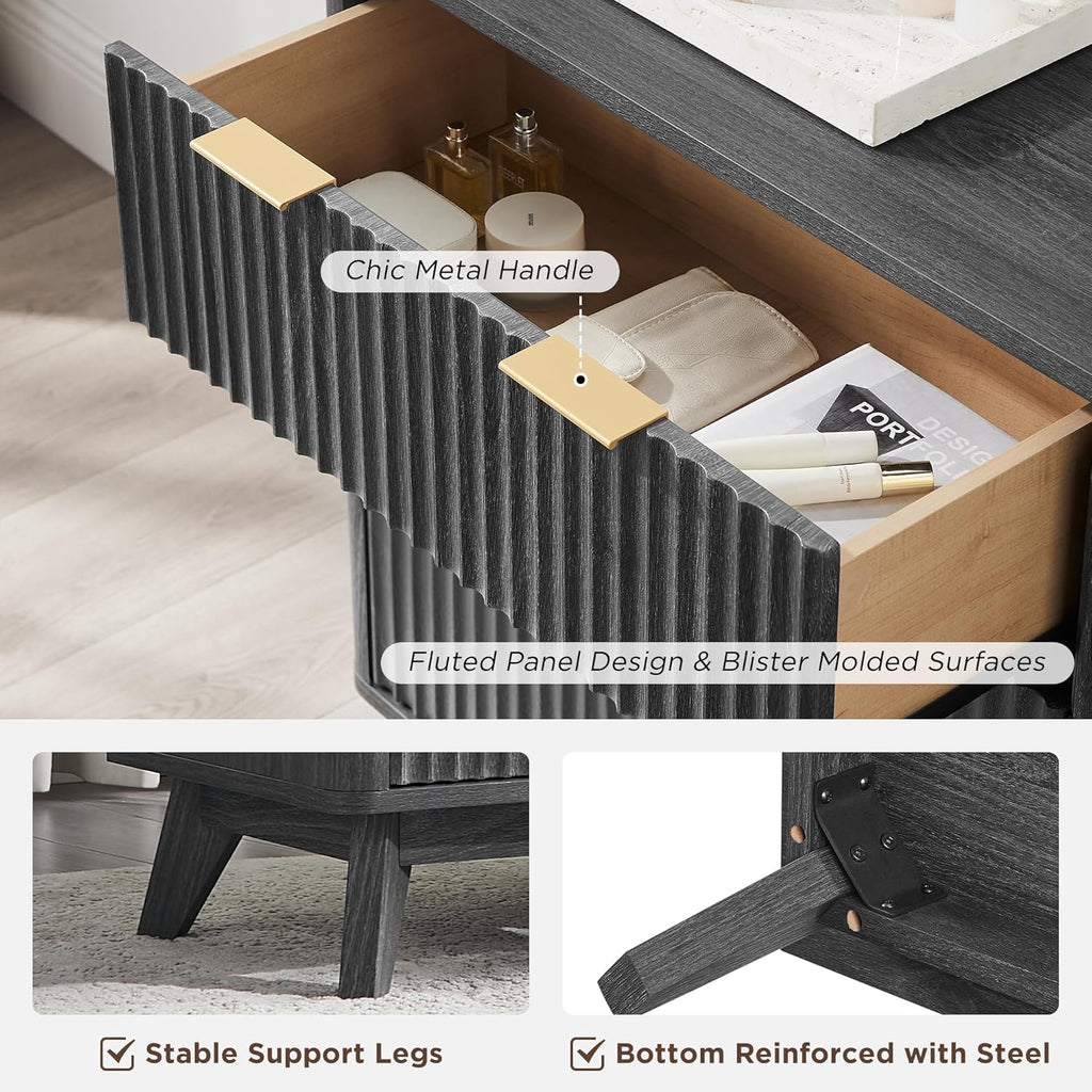 T4TREAM Fluted 6 Drawers Dresser, 54' Wide Modern Chest of Drawers, Curved Profile Design, Dresser TV Stand, Wood Drawer Organizer for Bedroom, Living Room, Hallway, Dark Alder