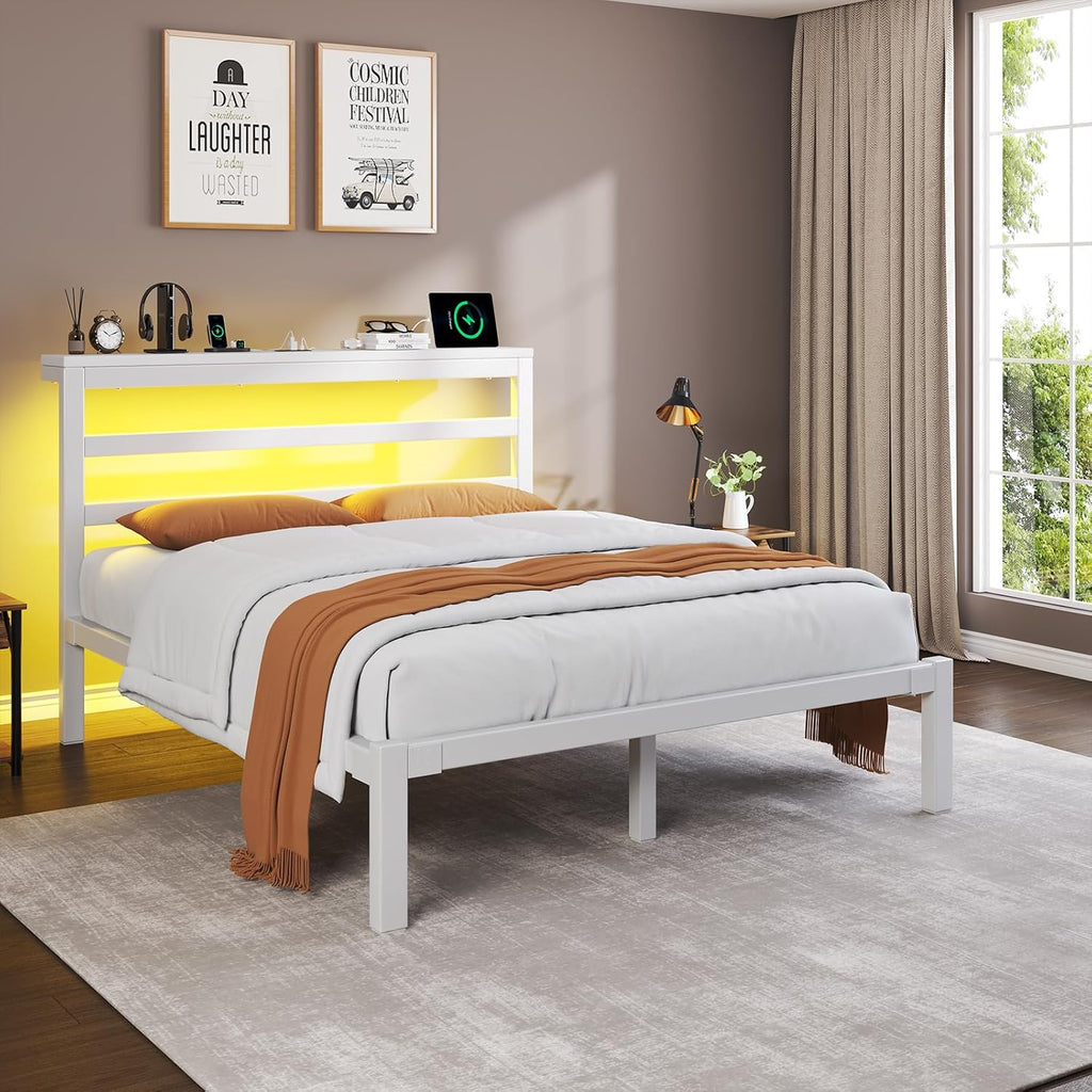 E-Motie Full Size Bed Frame with Storage Headboard, Industrial Platform Bed with Charging Station and LED Lights, Underbed Storage Space,Easy Assembly,No Box Spring Needed,Modern, White