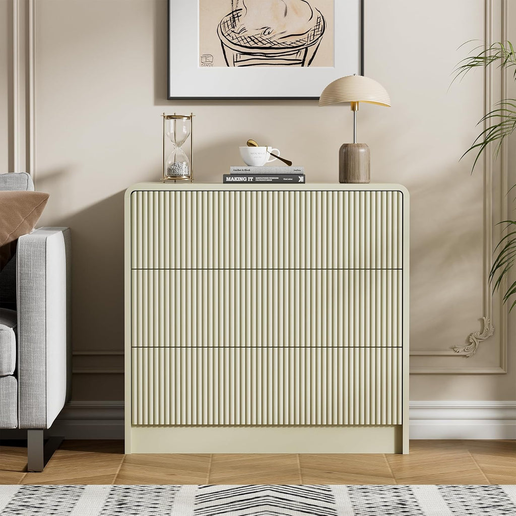 Furniway Beige 3 Drawer Dresser, 32' Wide Wood Chest of Drawers with Curved Design, Modern Fluted Dresser with Push-to-Open Storage for Bedroom