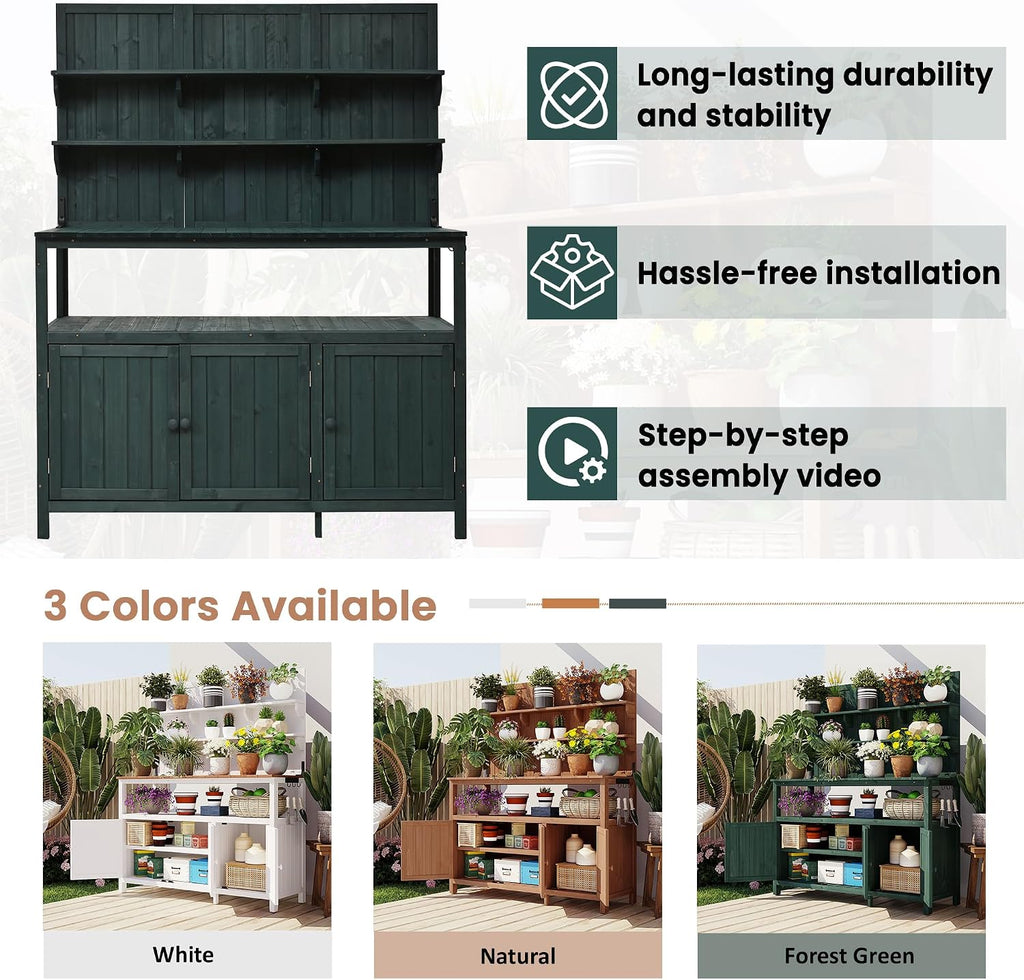 LUMISOL Potting Bench with Hutch, 50.2' Solid Fir Wood Garden Workstation, Large Countertop. 2 Shelves, 2 Cabinets, 3 Side Hooks, Outdoor Planting Table for Gardening, Green