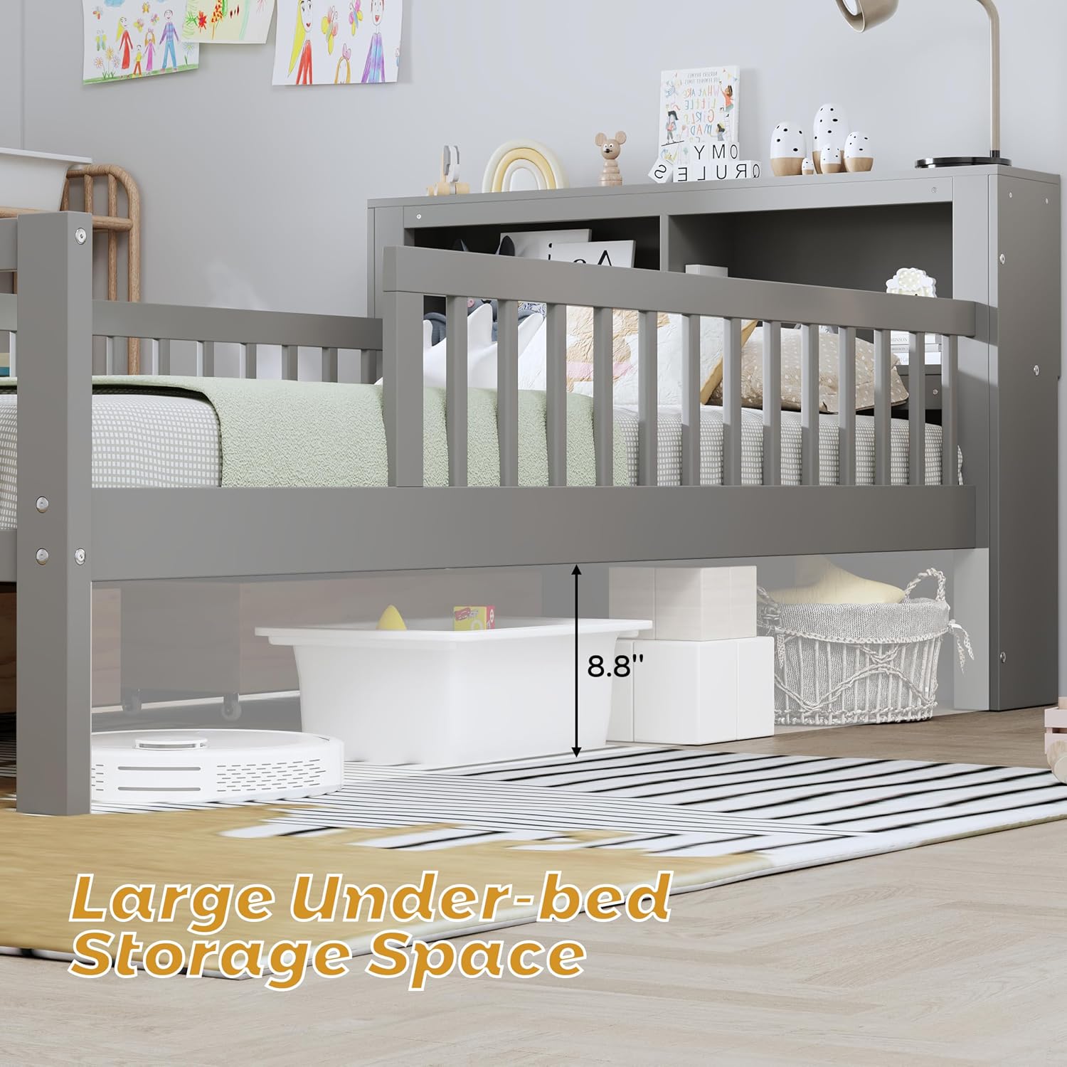 Kids Twin Size Bed Frame with Storage Drawers and Bookcase,Wood Twin Bed Frames for Kids,Twin Bed Frame with Headboard and Footboard for Boys Girls,No Box Spring Needed,Gray