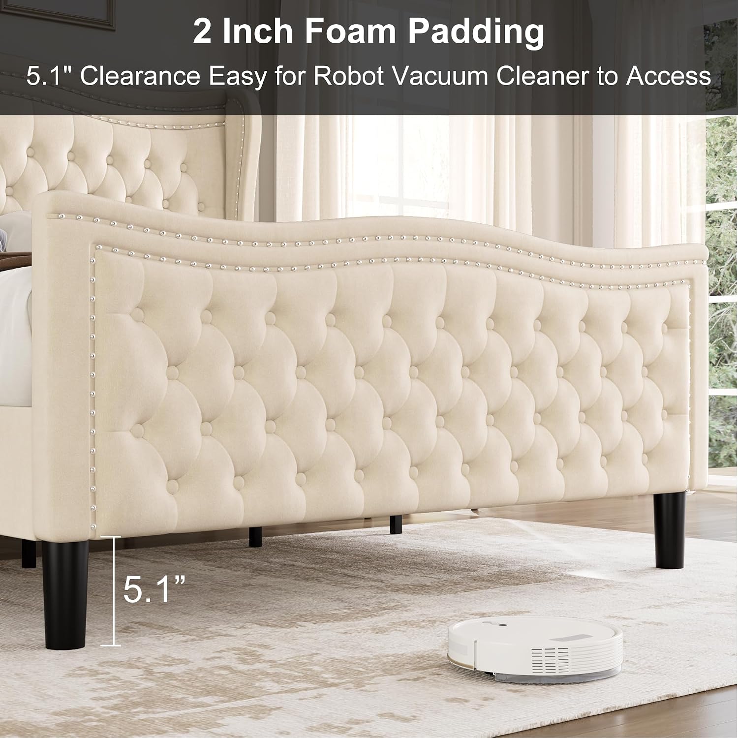 Full Bed Frame with Tall Headboard & Footboard, Velvet Upholstered Platform Bed Frame with Deep Button Tufted Wingback, No Box Spring Needed, Noise Free, Beige