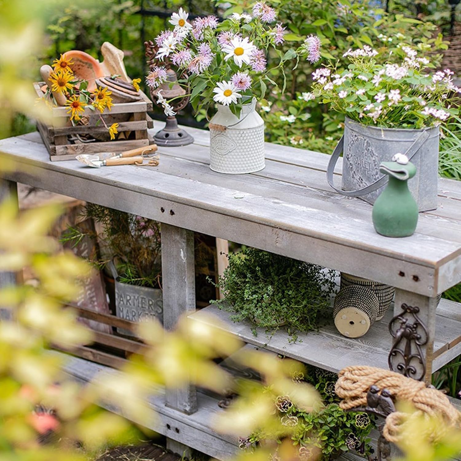 Outdoor Potting Bench Garden Potting Table, Horticulture Work Table Workstation with Storage Shelf, Potting Work Bench Station for Garden Patio Backyard (Color : Gris, Size : Small)
