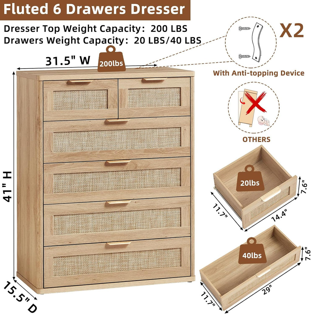 LEYAOYAO Rattan Dresser for Bedroom, 41' Tall Chest of Drawers, Modern 6 Drawers Boho Dressers with Storage, Light Oak Dresser Wooden Closet Organizer for Living Room, Hallway, Natural Wood