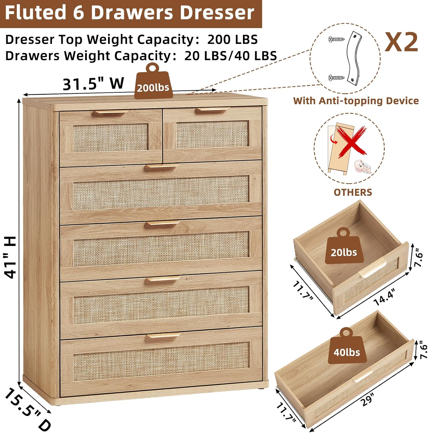 LEYAOYAO Rattan Dresser for Bedroom, 41' Tall Chest of Drawers, Modern 6 Drawers Boho Dressers with Storage, Light Oak Dresser Wooden Closet Organizer for Living Room, Hallway, Natural Wood
