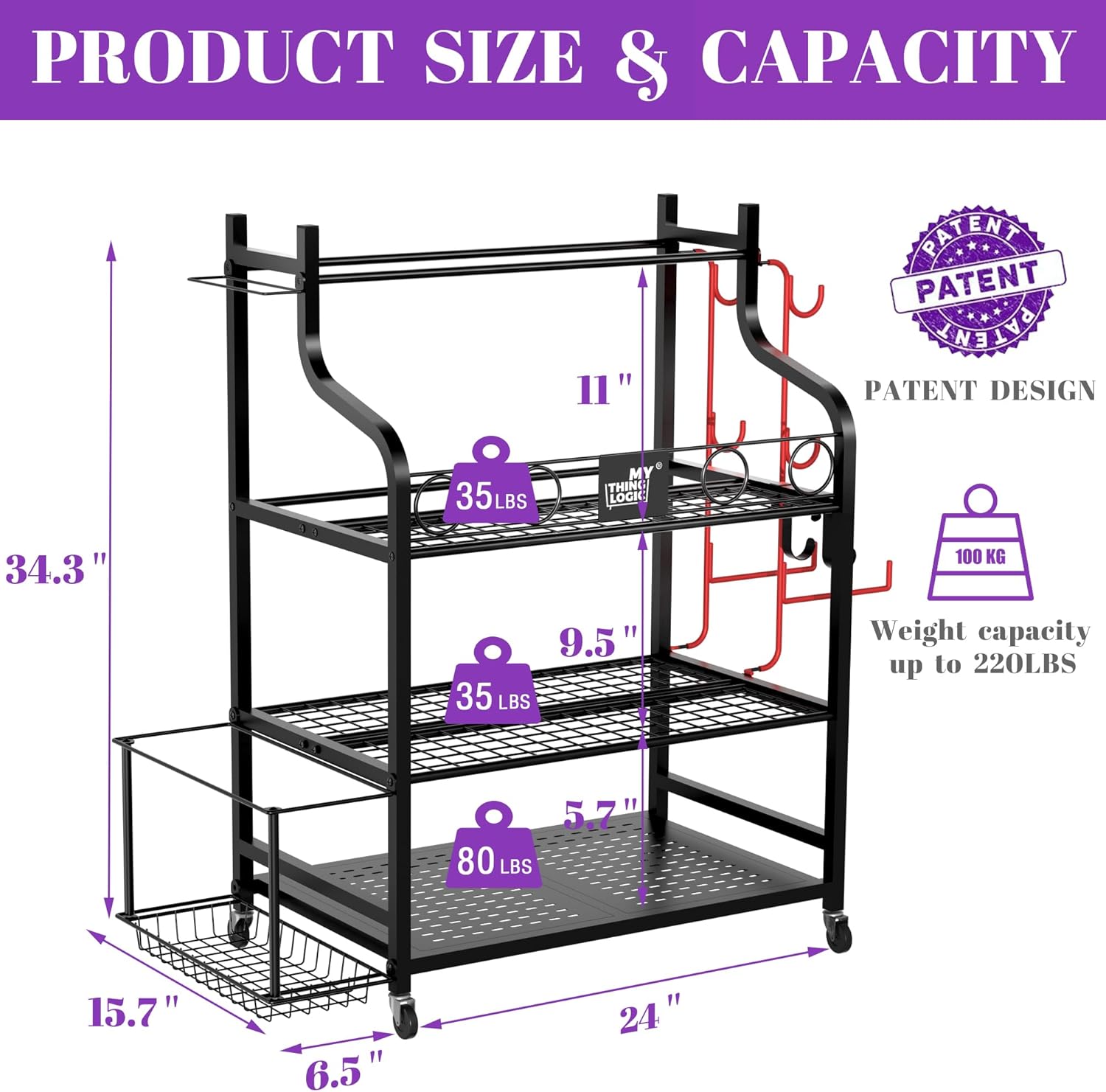 Mythinglogic Yoga Mat Storage Racks,Home Gym Storage Rack for Dumbbells Kettlebells Foam Roller, Yoga Strap and Resistance Bands, Workout Equipment Storage Organizer With Hooks and Wheels