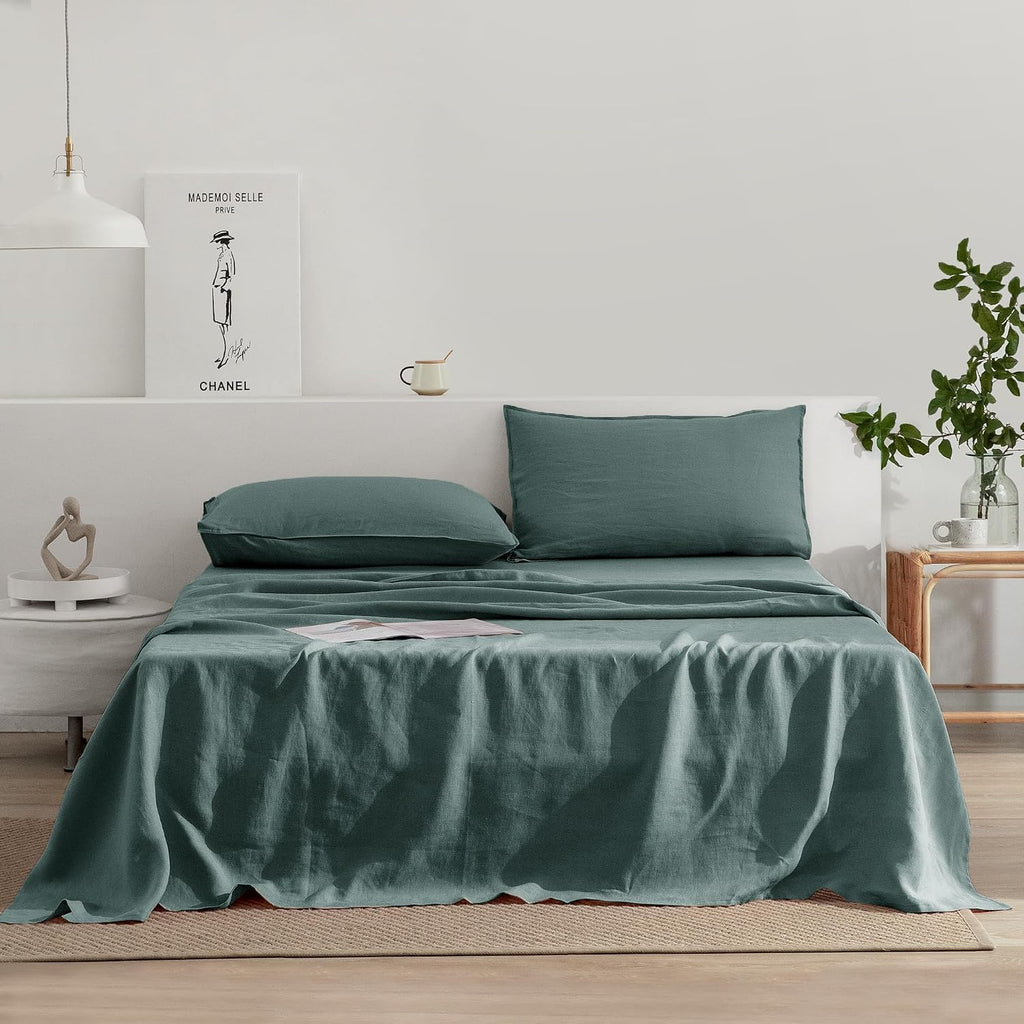 EVERLY Linen Sheets Set Full Size,100% French Stonewash Pure Linen Bed Sheets,4Pieces (1Flat Sheet,1Fitted Sheet,2Pillowcase) Suitable for Hot Sleepers,Deep Pocket Natural Bedding Set-Aqua