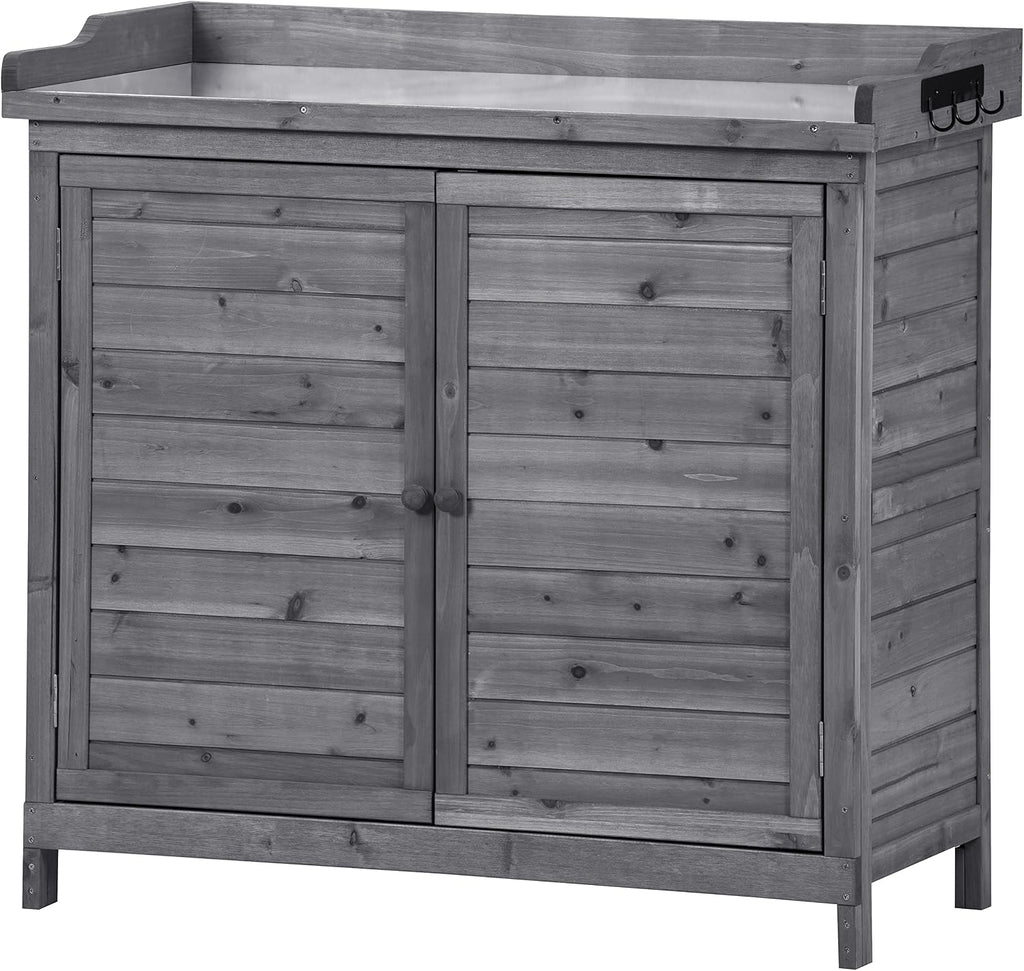 CIATRE 39' Potting Bench Table, Rustic Garden Wood Workstation Storage Cabinet Garden Shed with 2-Tier Shelves and Side Hook, Grey