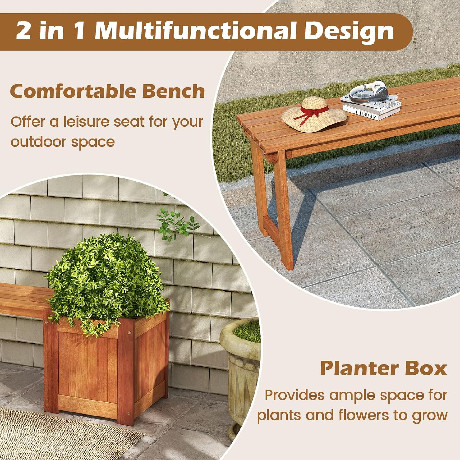2 Benches with Planter Boxes, 2 in 1 Wooden Flower Box Kit with Seat, Open-Ended Base & Slotted Construction, Outdoor Plant Container for Garden, Yard, Balcony (Natural)