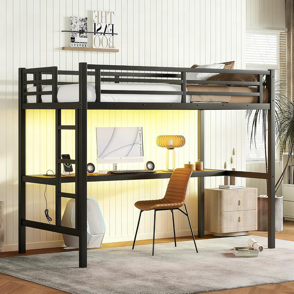 Bellemave Metal Twin Size Loft Bed with Desk and Charging Station,Heavy Duty Loft Bed Frame with LED Lights and USB for Kids,Teens,Adults,Twin Size,Black